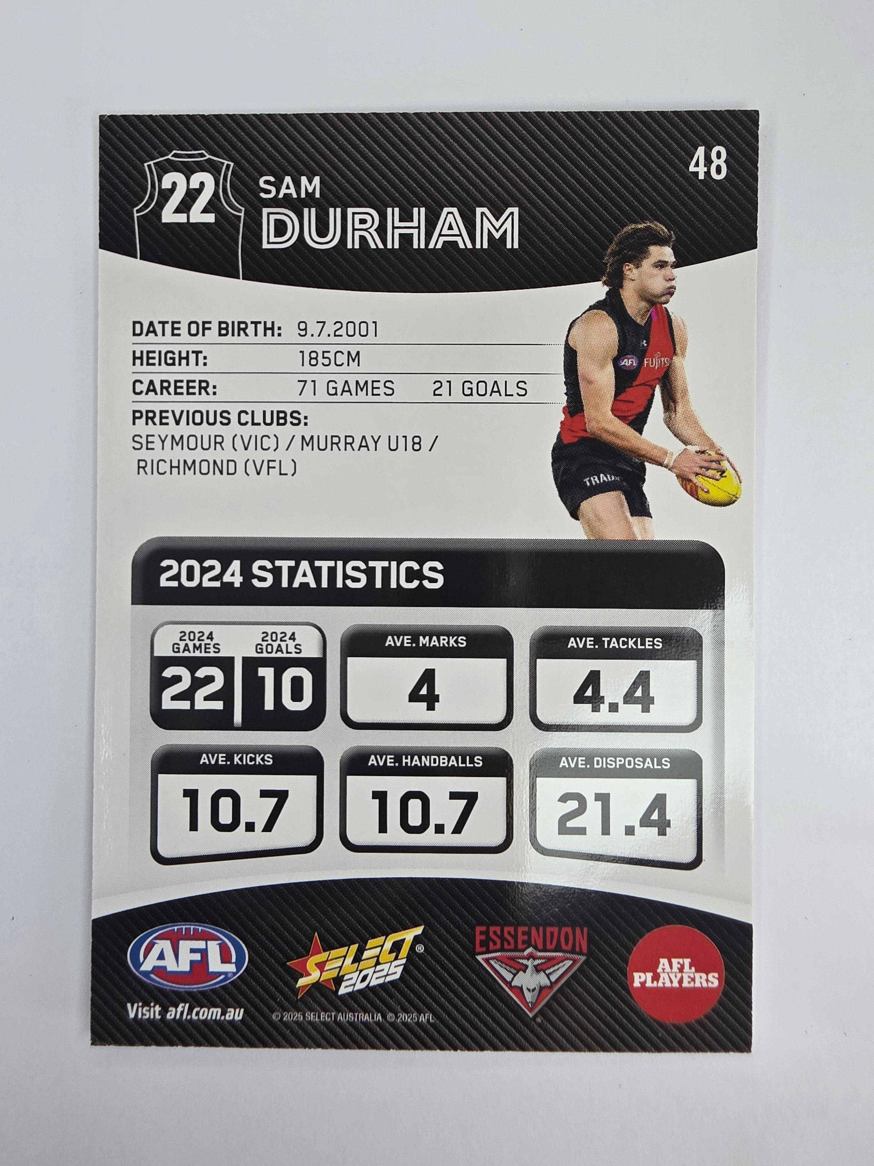 AFL 2025 Footy Stars Base Card #048 Sam Durham Essendon