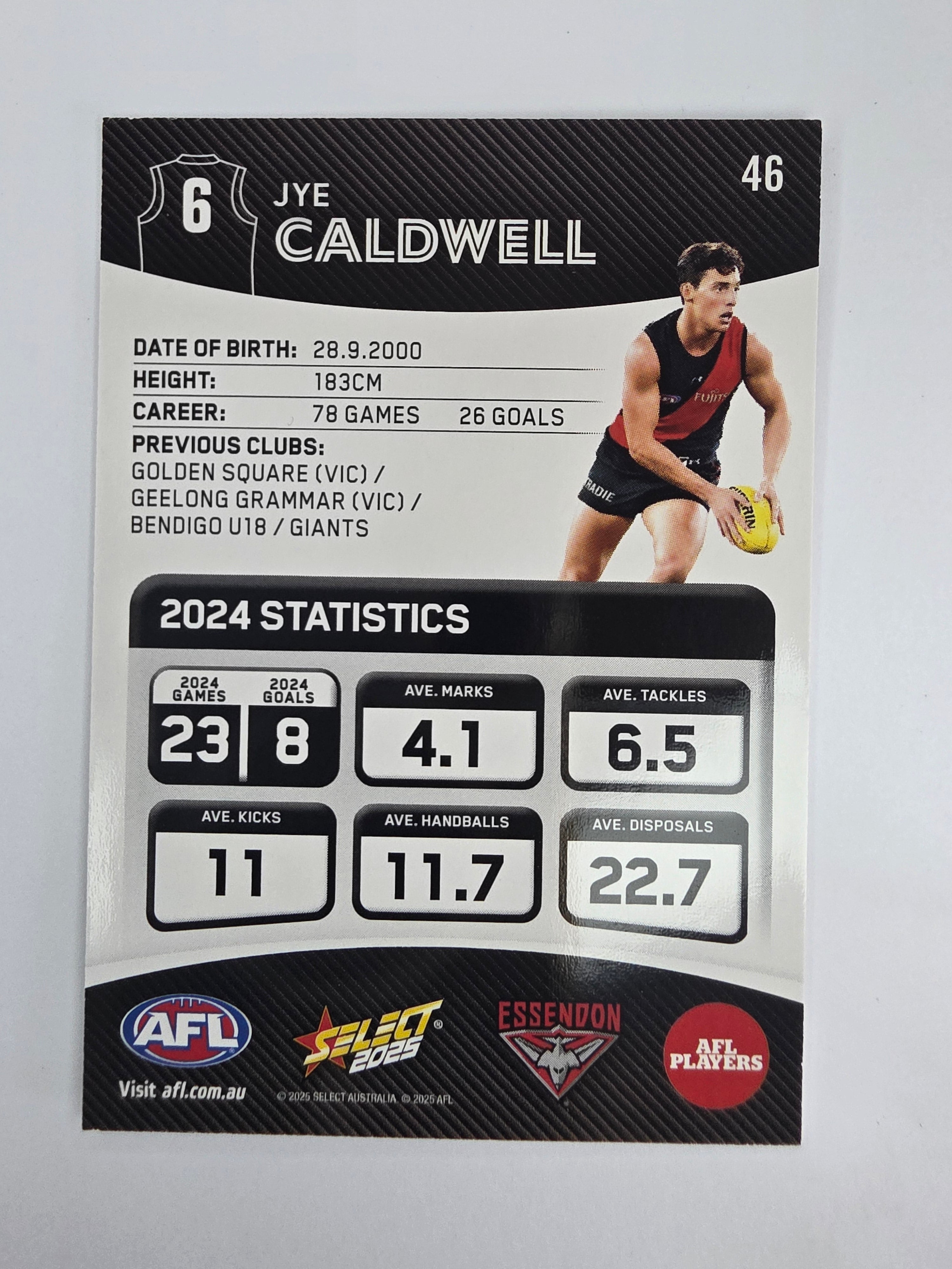 AFL 2025 Footy Stars Base Card #046 Jye Caldwell Essendon