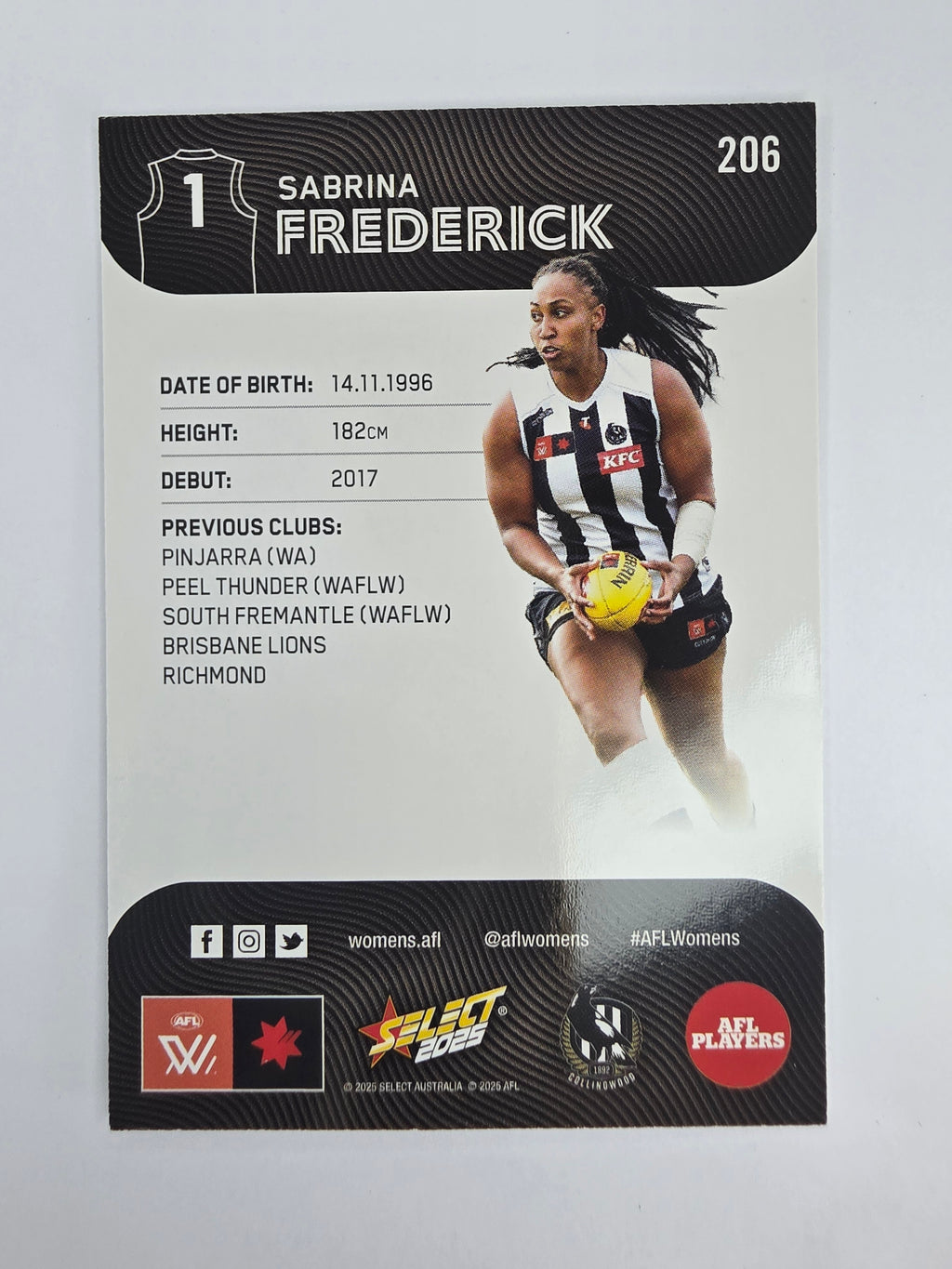 AFL 2025 Footy Stars Base Card #206 Sabrina Frederick Collingwood Magpies AFLW