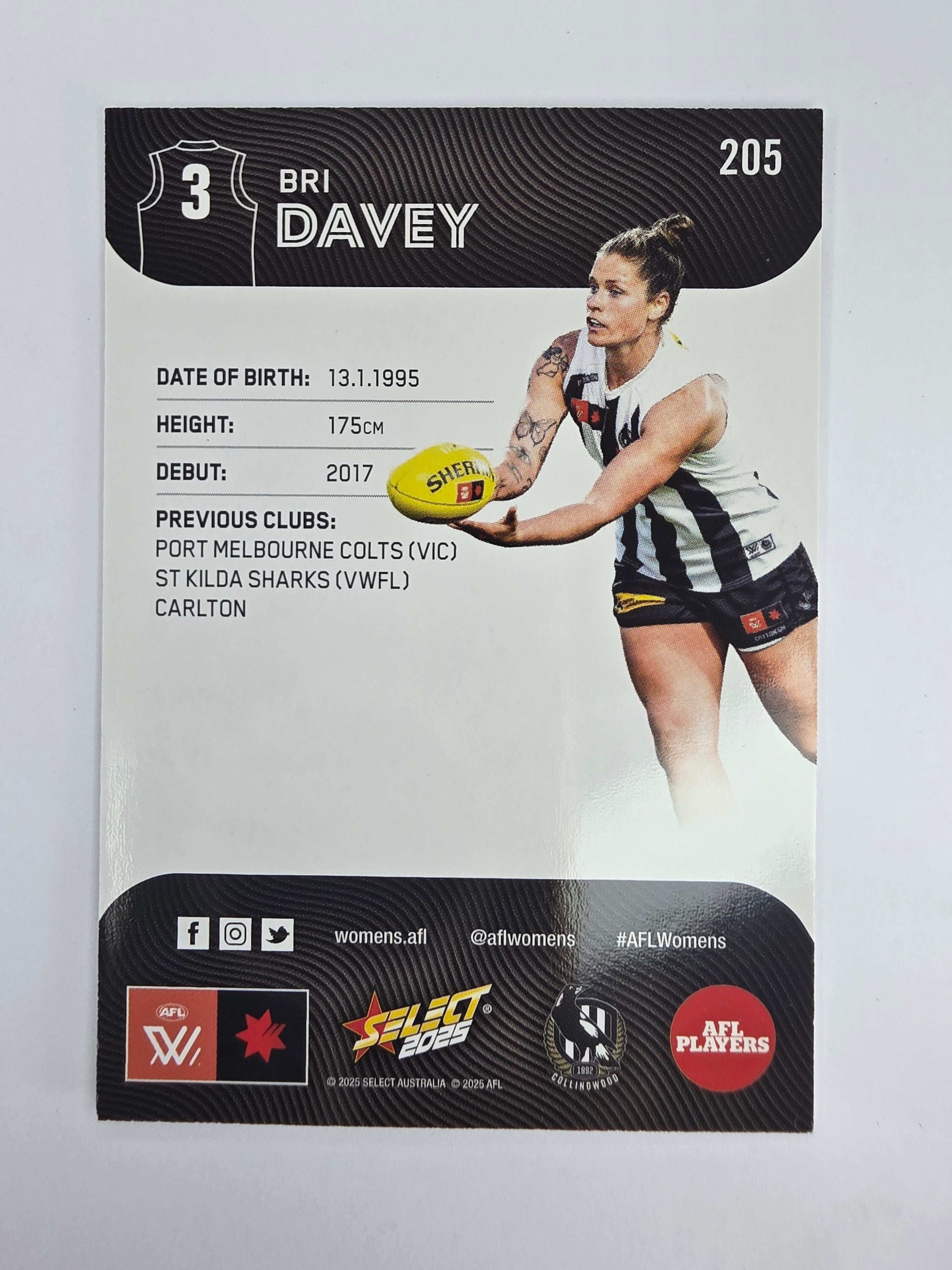 AFL 2025 Footy Stars Base Card #205 Brianna Davey Collingwood Magpies AFLW