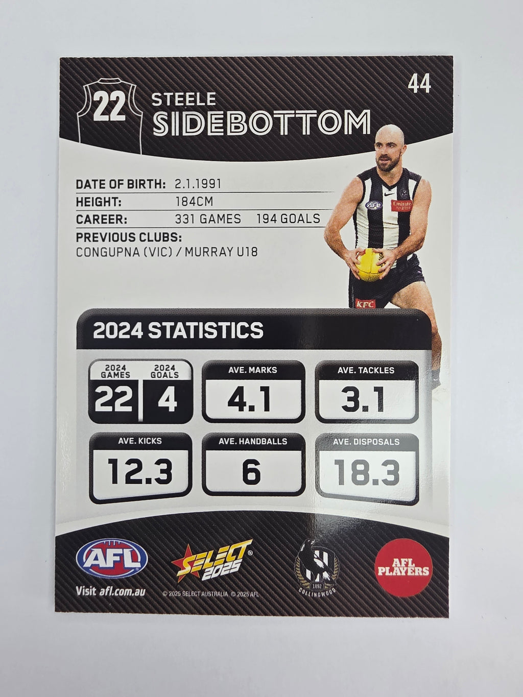 AFL 2025 Footy Stars Base Card #044 Steele Sidebottom Collingwood Magpies