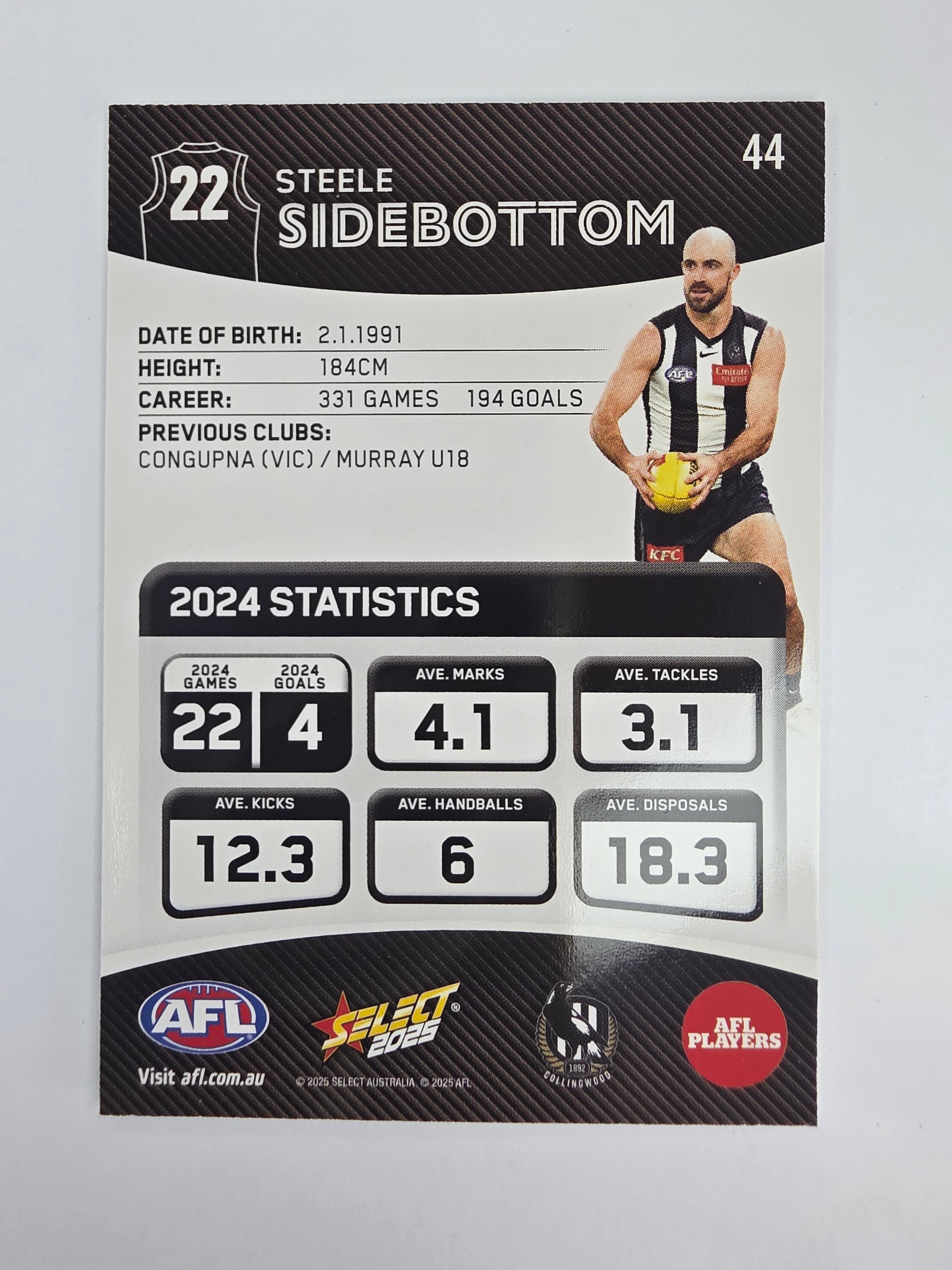 AFL 2025 Footy Stars Base Card #044 Steele Sidebottom Collingwood Magpies