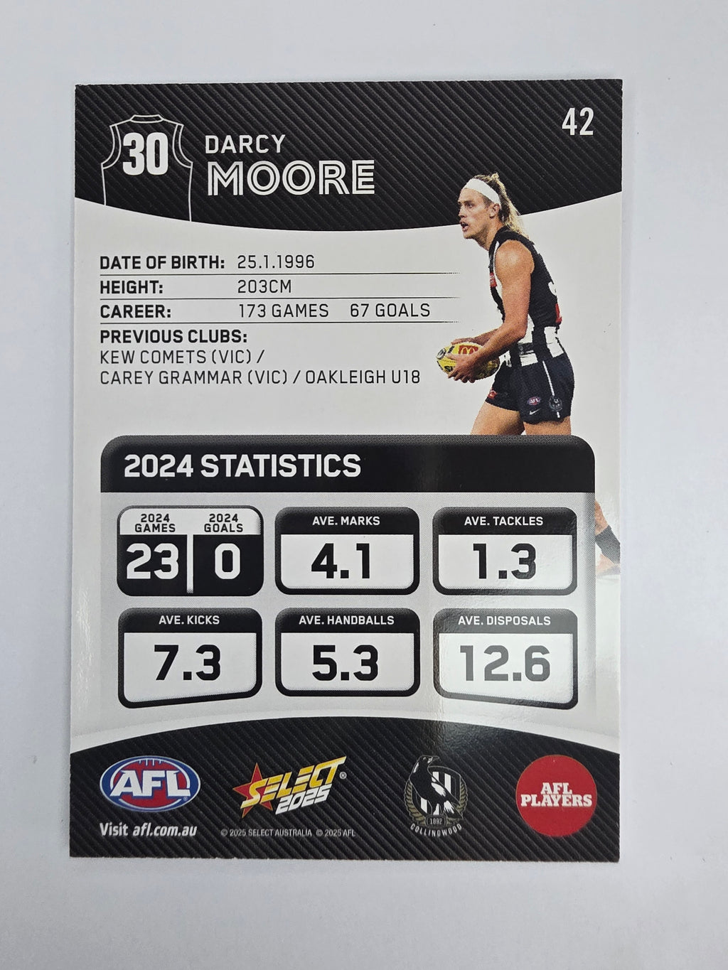 AFL 2025 Footy Stars Base Card #042 Darcy Moore Collingwood Magpies