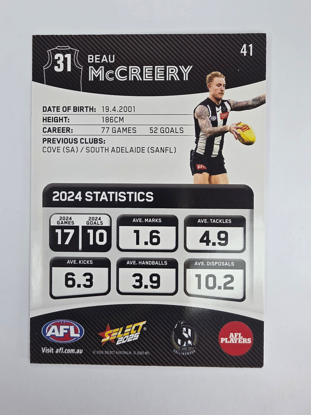 AFL 2025 Footy Stars Base Card #041 Beau McCreery Collingwood Magpies