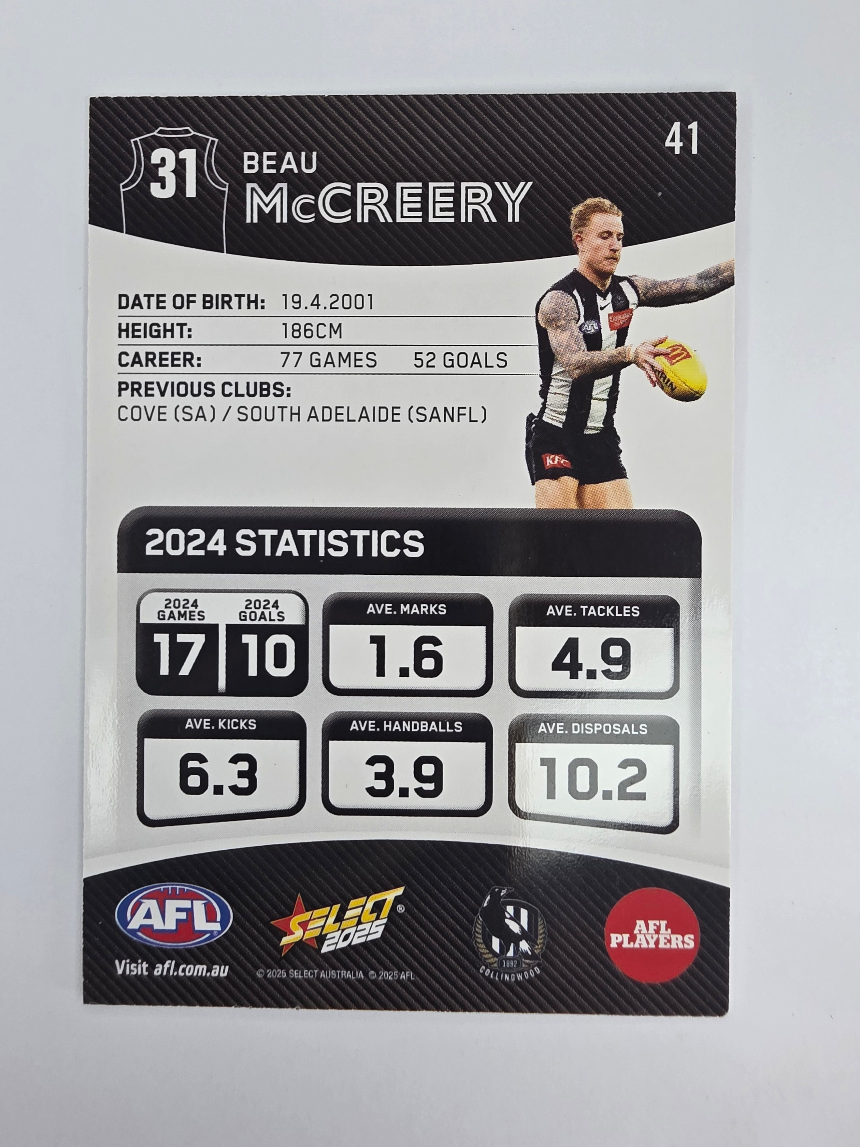AFL 2025 Footy Stars Base Card #041 Beau McCreery Collingwood Magpies
