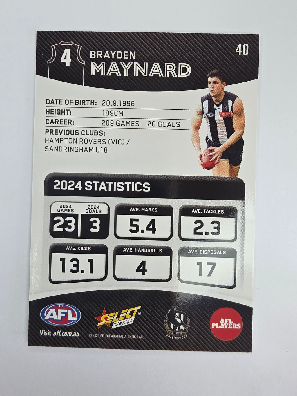 AFL 2025 Footy Stars Base Card #040 Brayden Maynard Collingwood Magpies