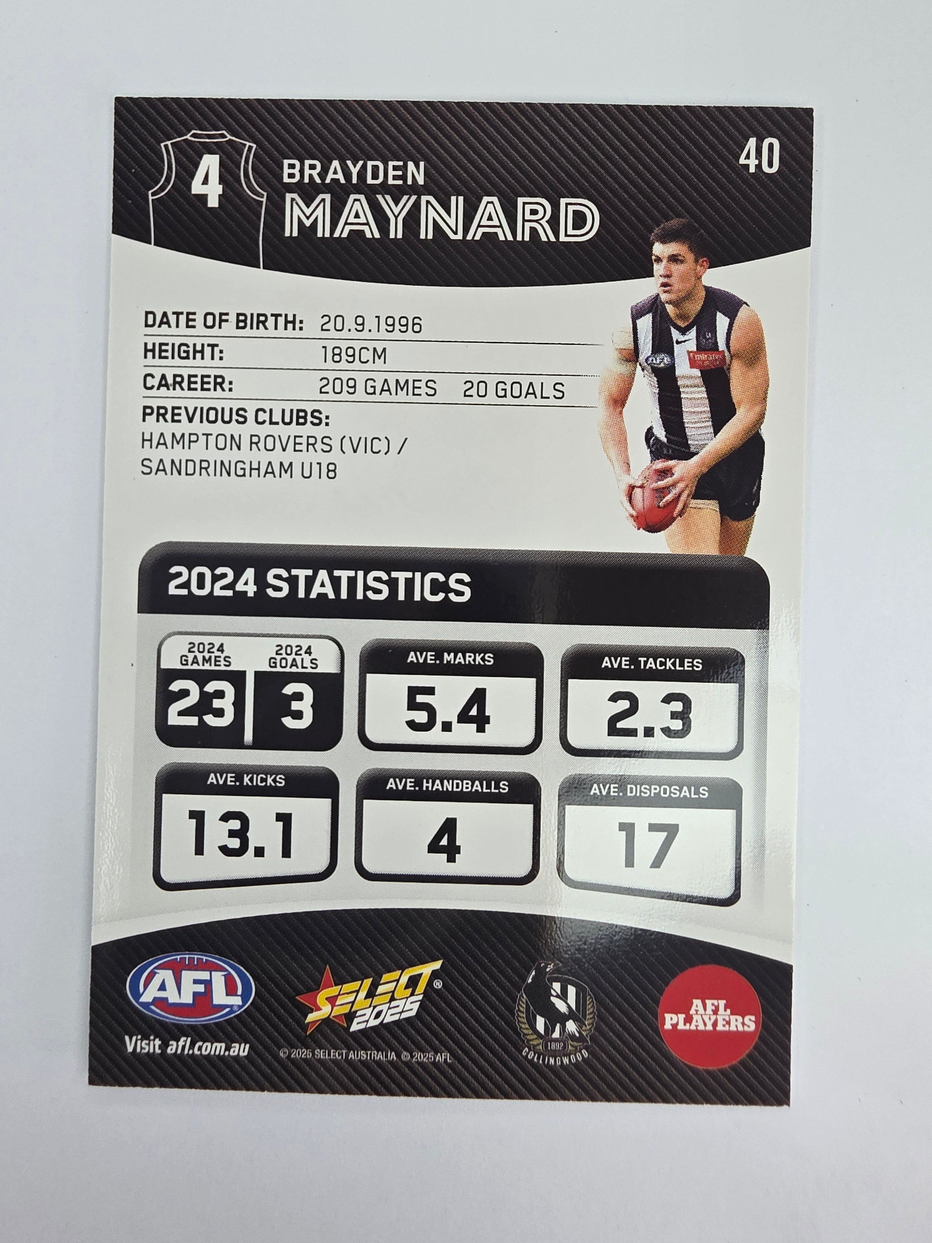 AFL 2025 Footy Stars Base Card #040 Brayden Maynard Collingwood Magpies