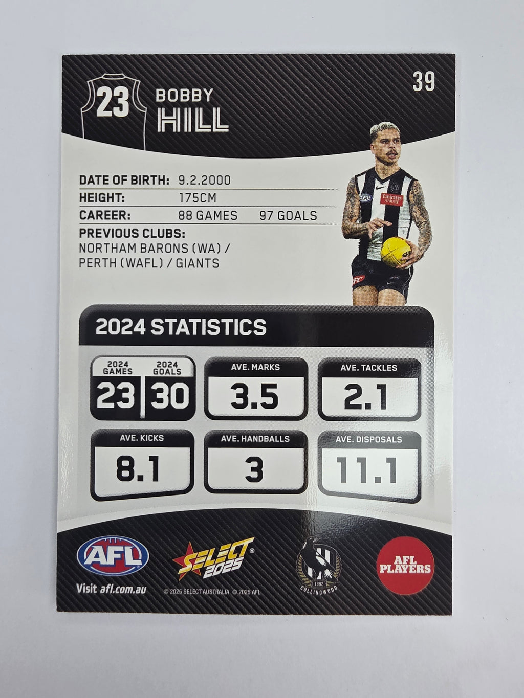 AFL 2025 Footy Stars Base Card #039 Bobby Hill Collingwood Magpies