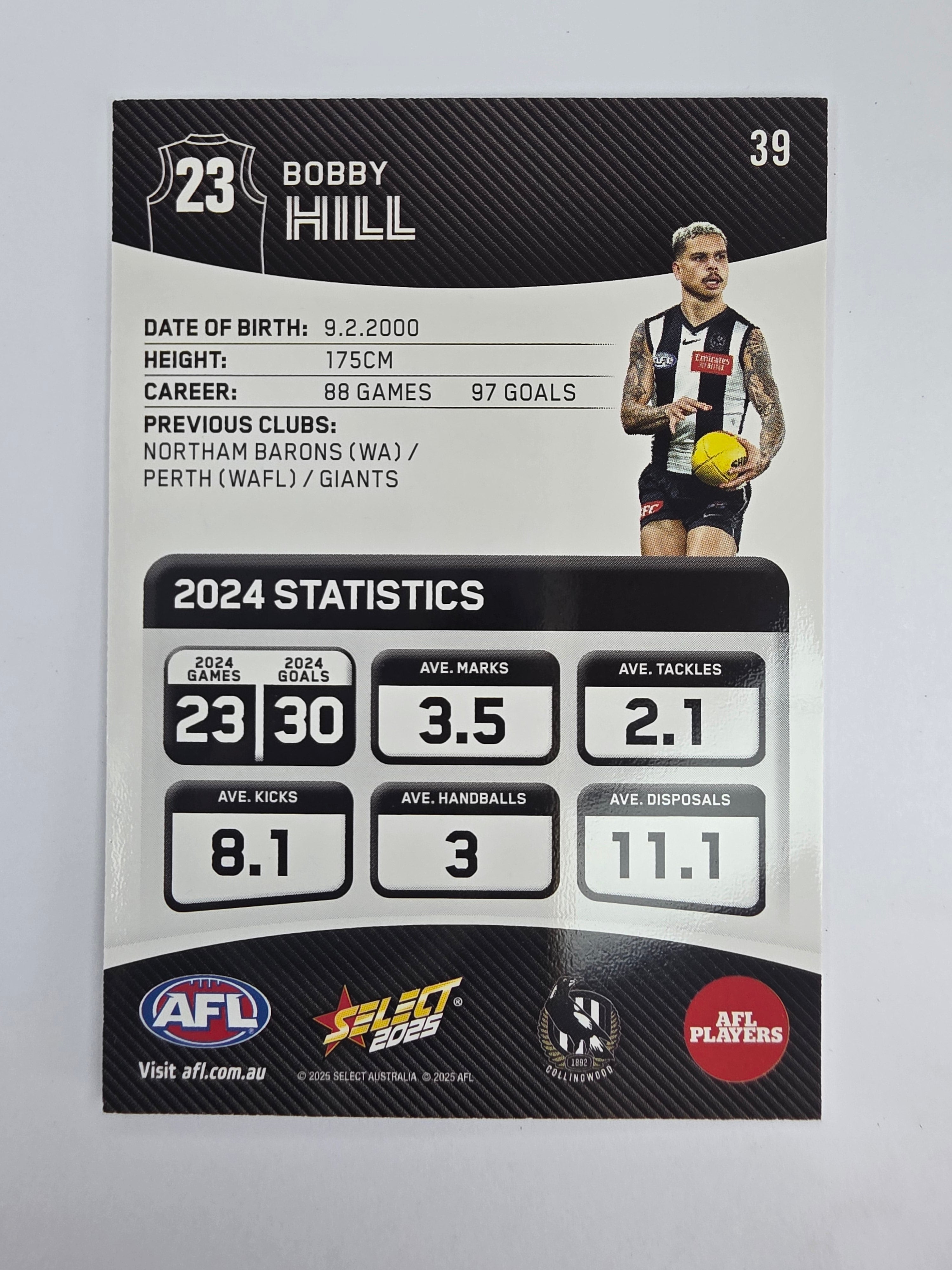 AFL 2025 Footy Stars Base Card #039 Bobby Hill Collingwood Magpies
