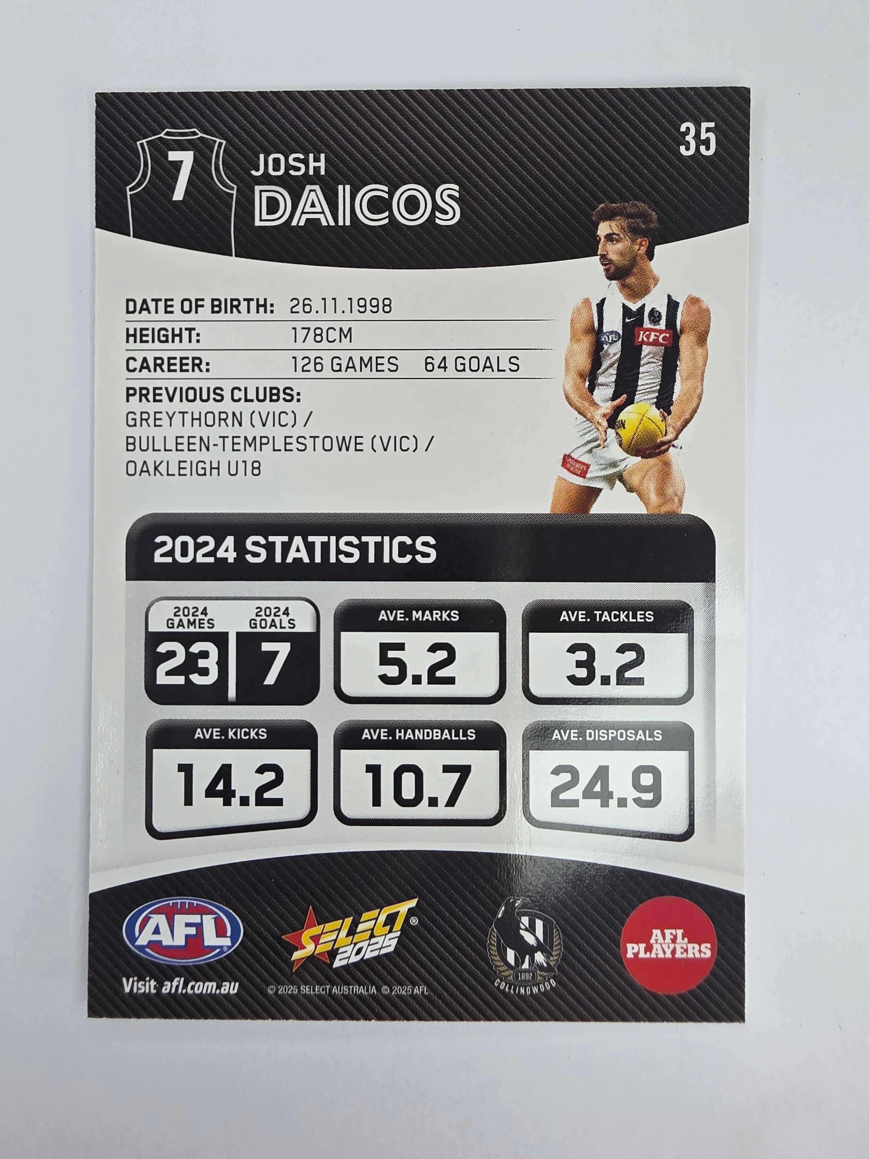 AFL 2025 Footy Stars Base Card #035 Josh Daicos Collingwood Magpies