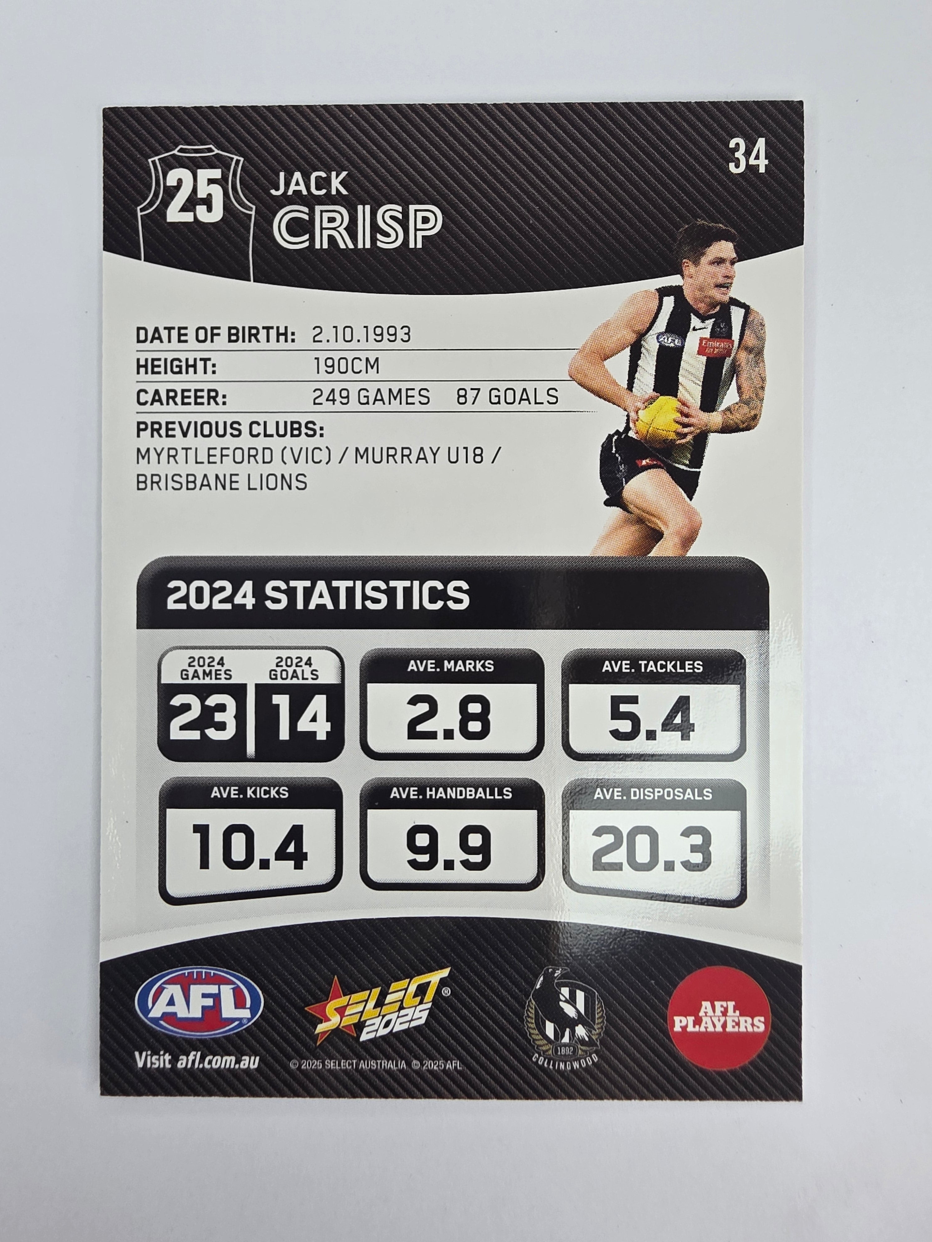 AFL 2025 Footy Stars Base Card #034 Jack Crisp Collingwood Magpies
