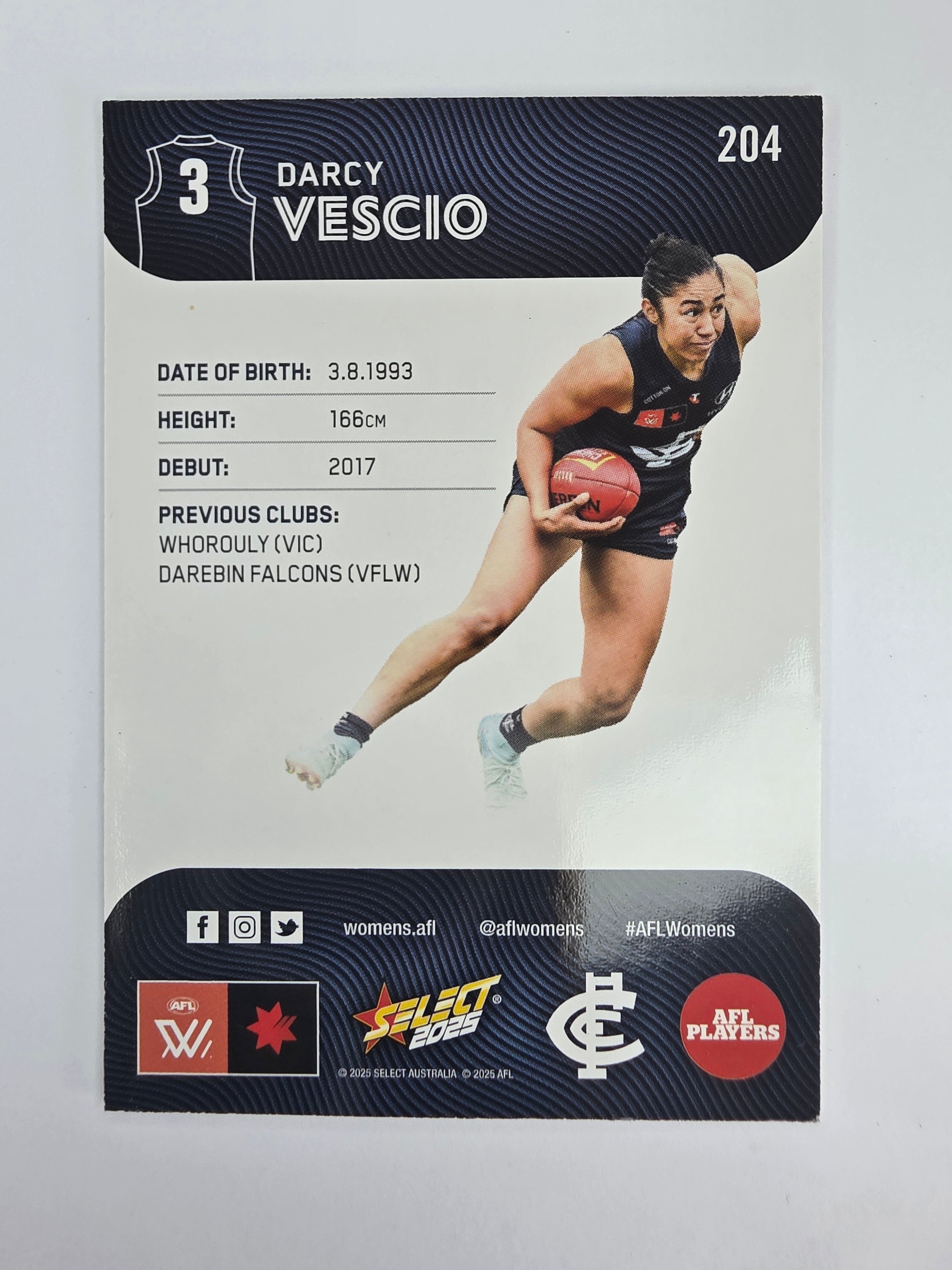 AFL 2025 Footy Stars Base Card #204 Darcy Vescio Carlton Blues AFLW