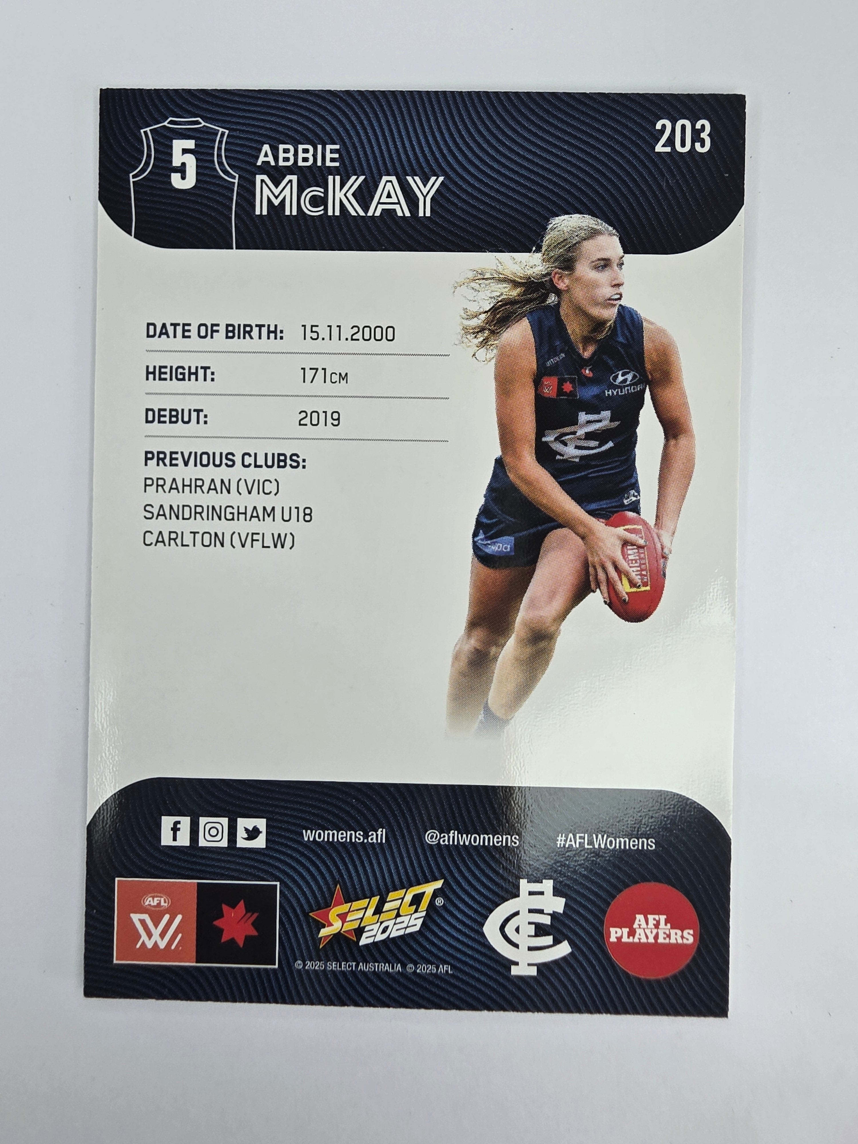 AFL 2025 Footy Stars Base Card #203 Abbie McKay Carlton Blues AFLW