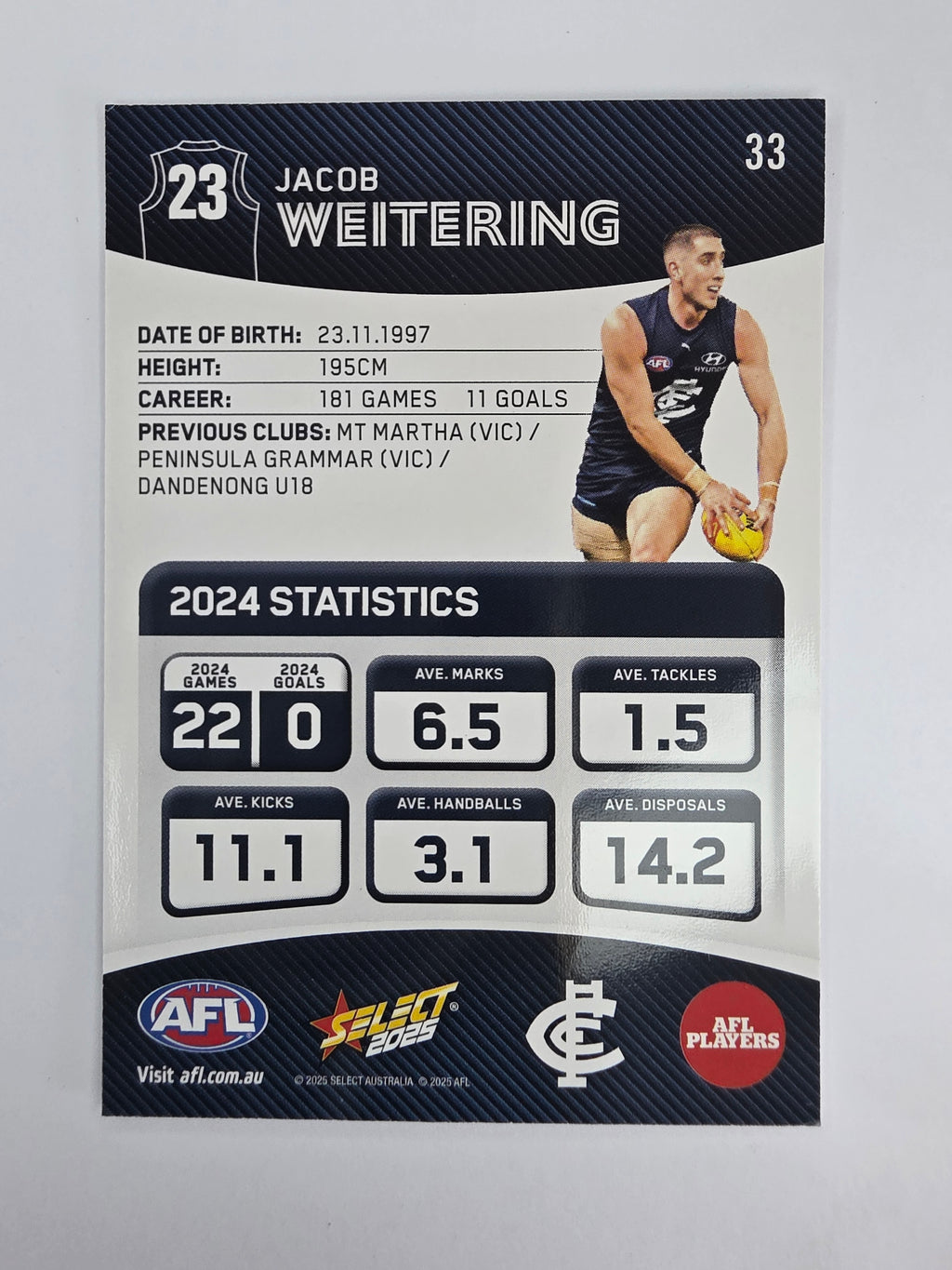 AFL 2025 Footy Stars Base Card #033 Jacob Weitering Carlton Blues