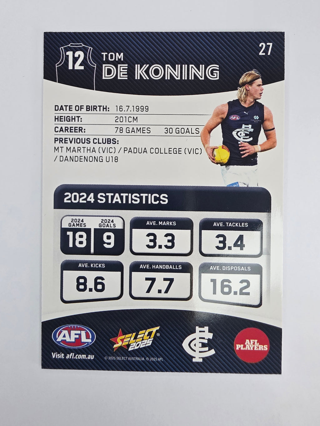 AFL 2025 Footy Stars Base Card #027 Tom De Koning Carlton Blues