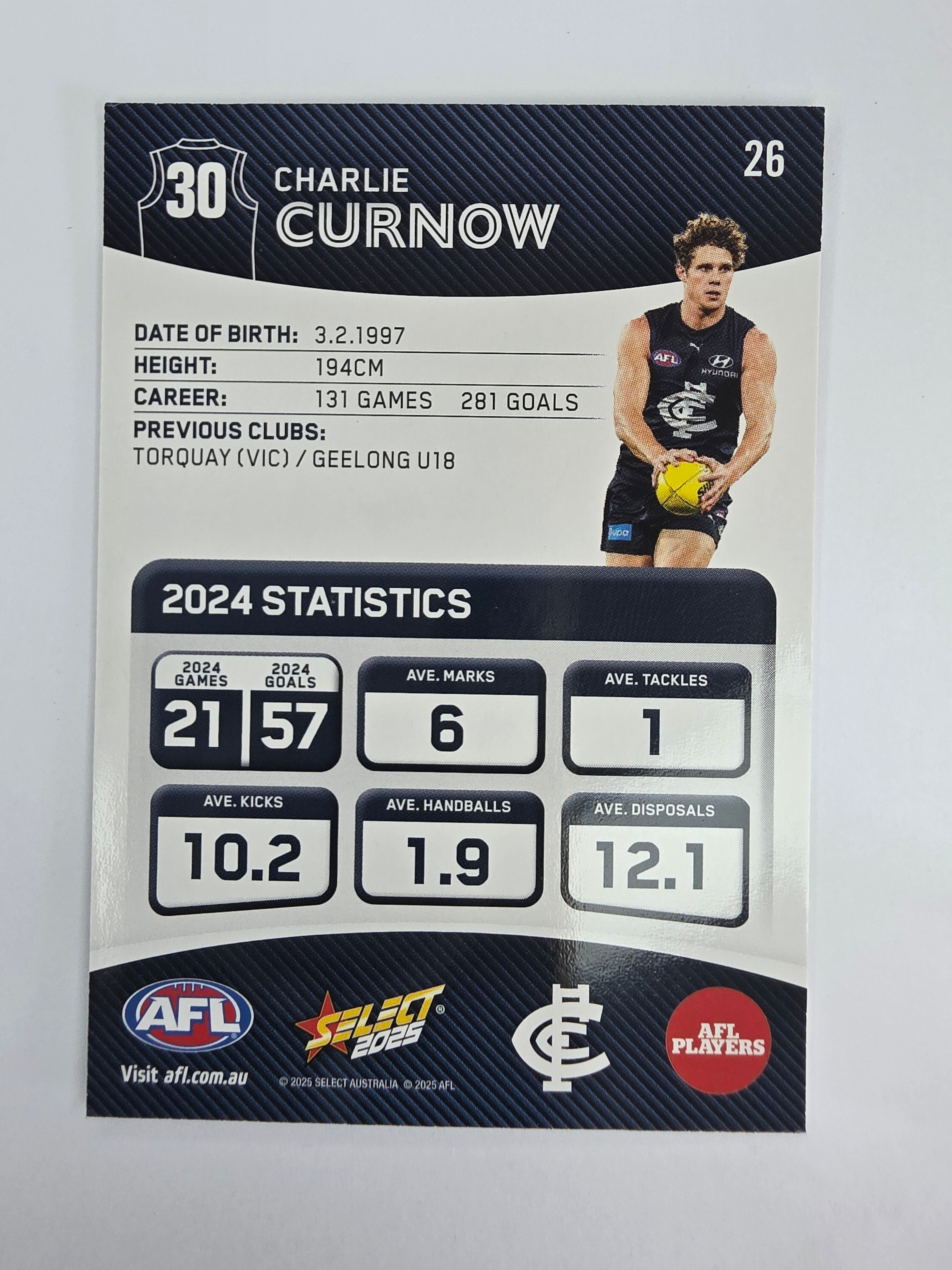 AFL 2025 Footy Stars Base Card #026 Charlie Curnow Carlton Blues