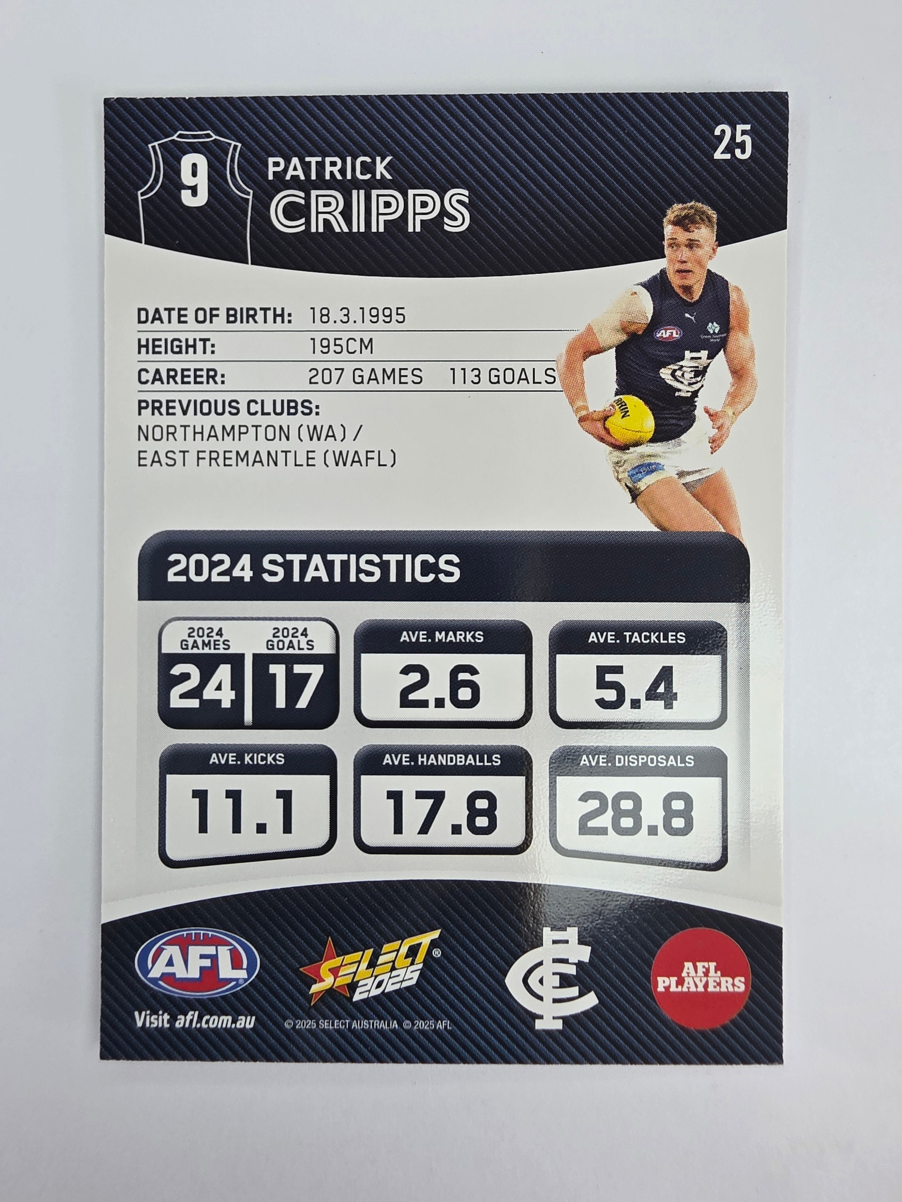 AFL 2025 Footy Stars Base Card #025 Patrick Cripps Carlton Blues