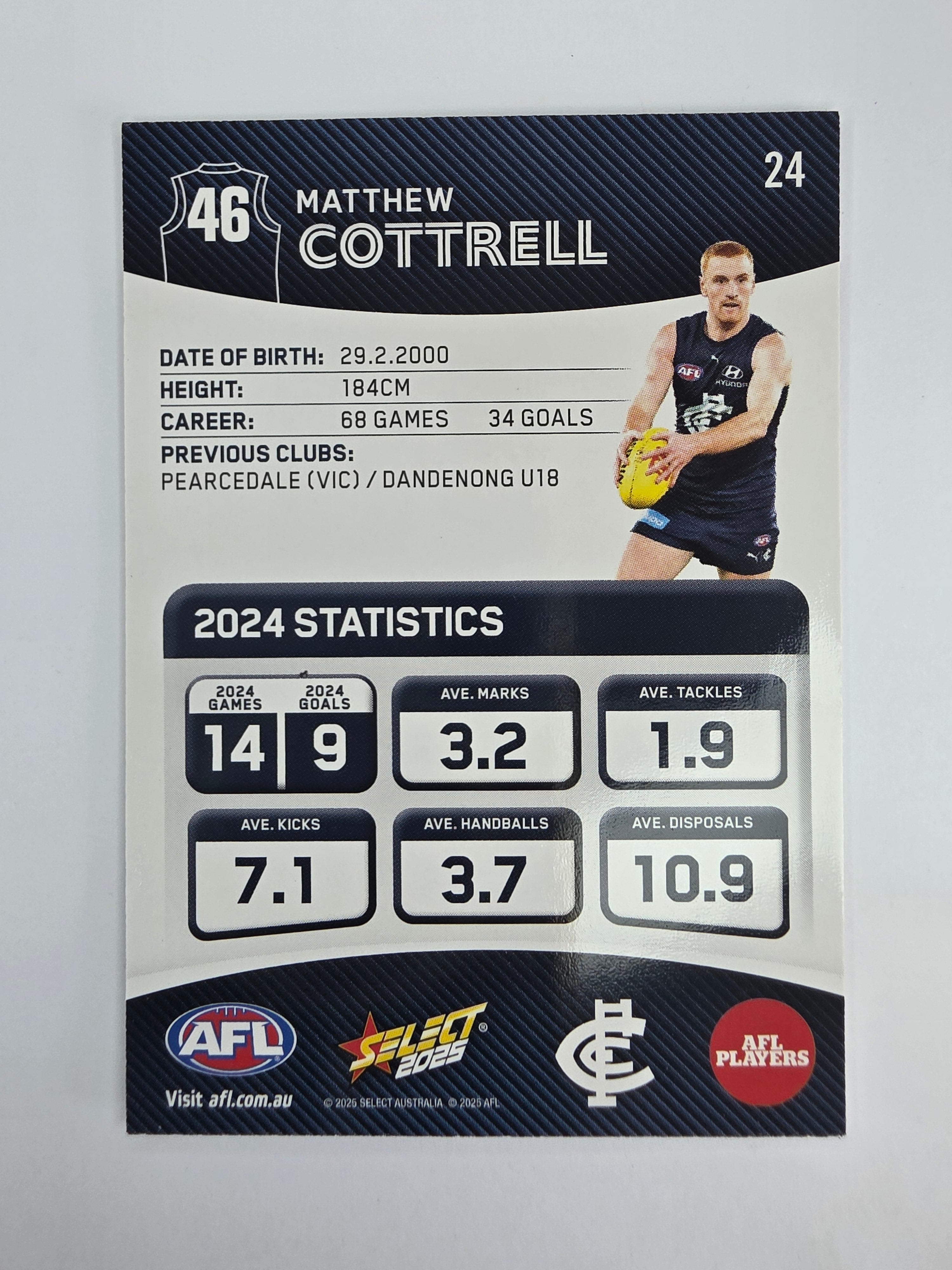 AFL 2025 Footy Stars Base Card #024 Matt Cottrell Carlton Blues