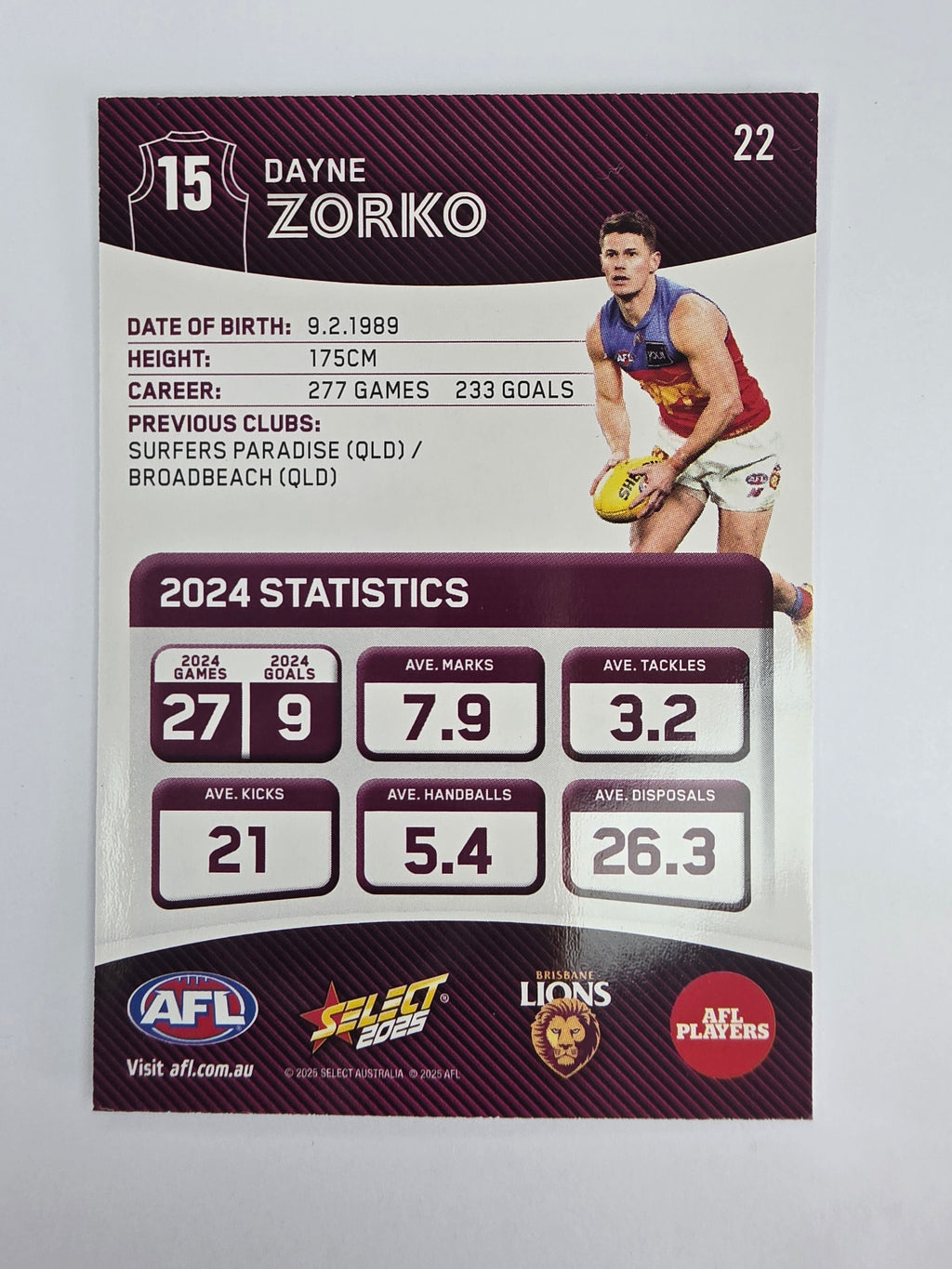 AFL 2025 Footy Stars Base Card #022 Dayne Zorko Brisbane Lions