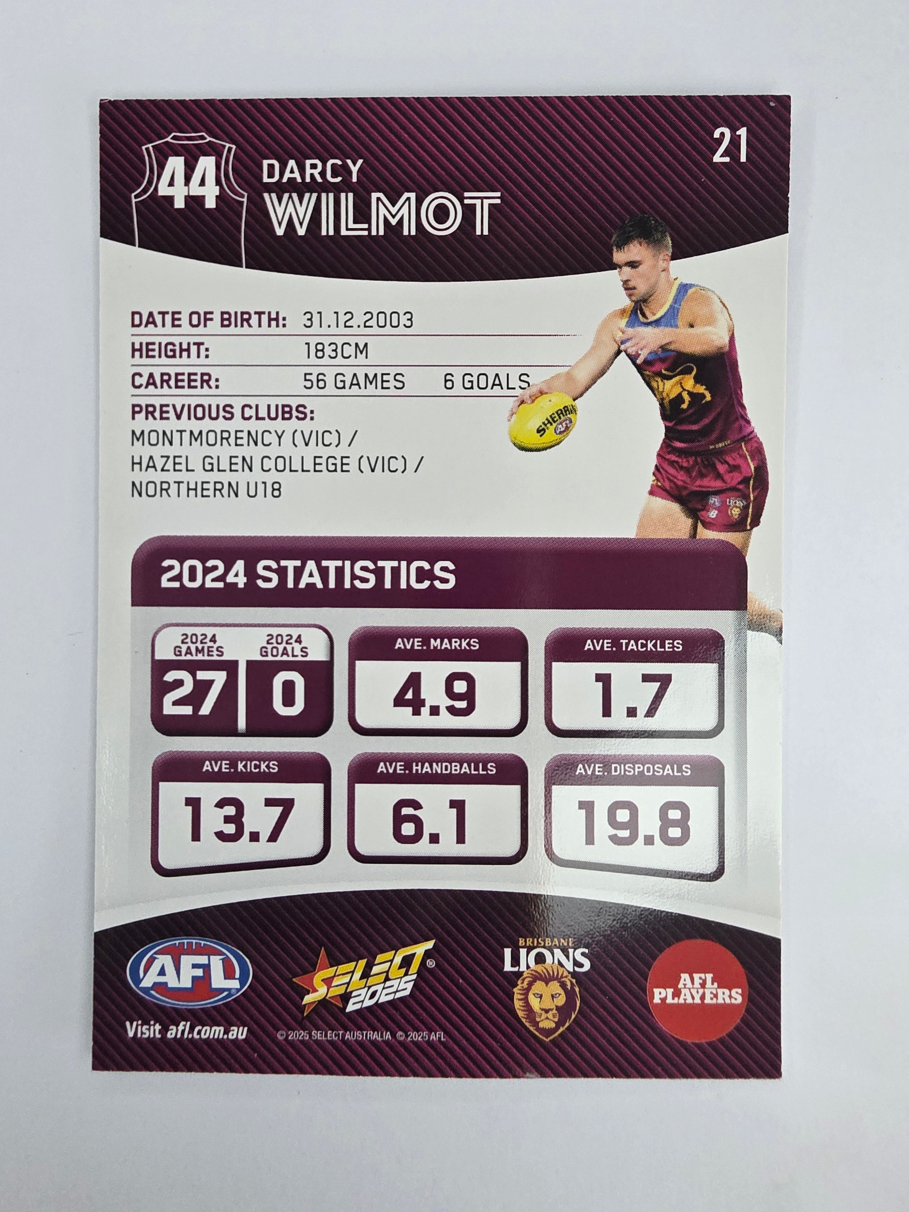 AFL 2025 Footy Stars Base Card #021 Darcy Wilmot Brisbane Lions