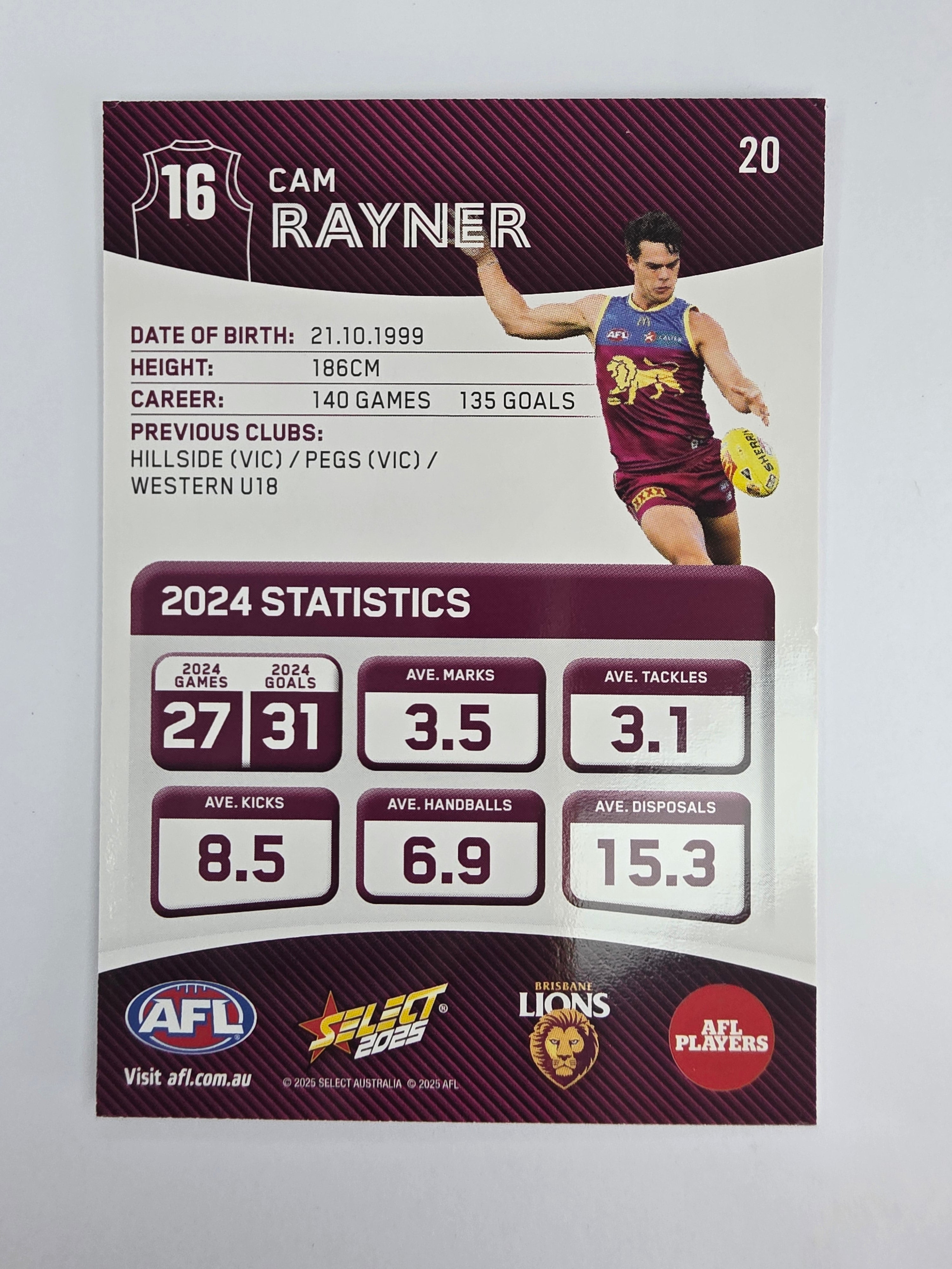 AFL 2025 Footy Stars Base Card #020 Cam Rayner Brisbane Lions