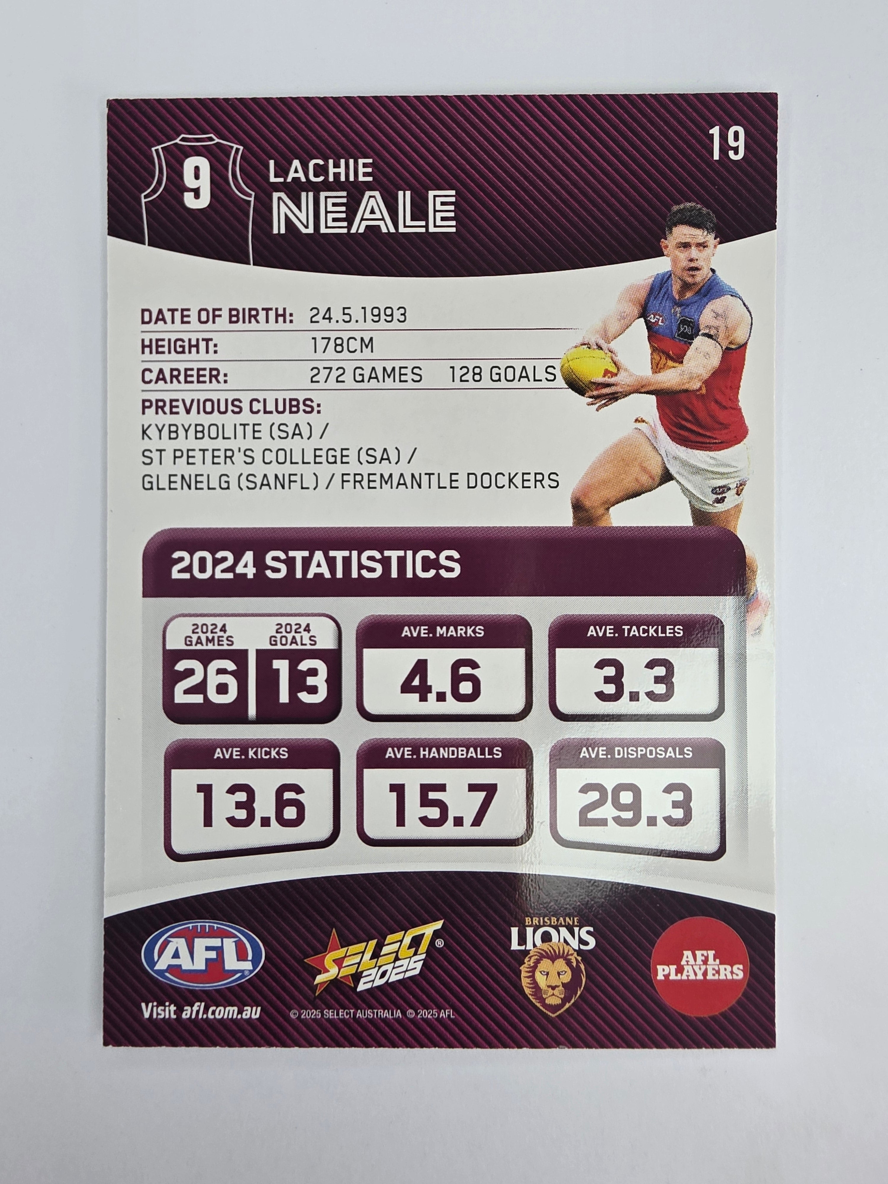 AFL 2025 Footy Stars Base Card #019 Lachie Neale Brisbane Lions