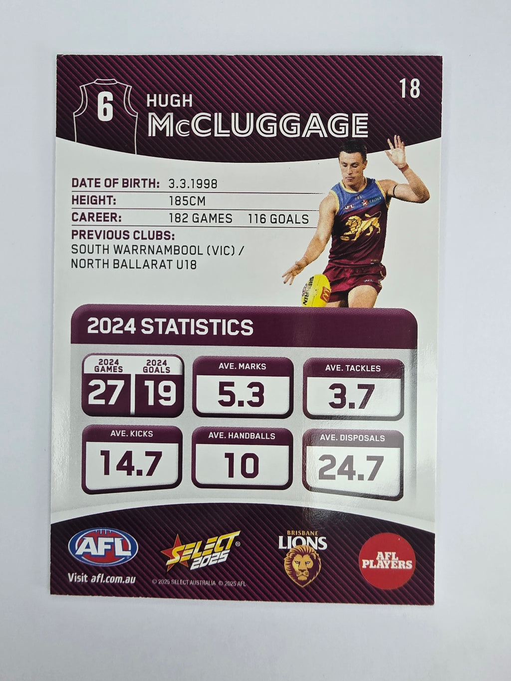 AFL 2025 Footy Stars Base Card #018 Hugh McCluggage Brisbane Lions
