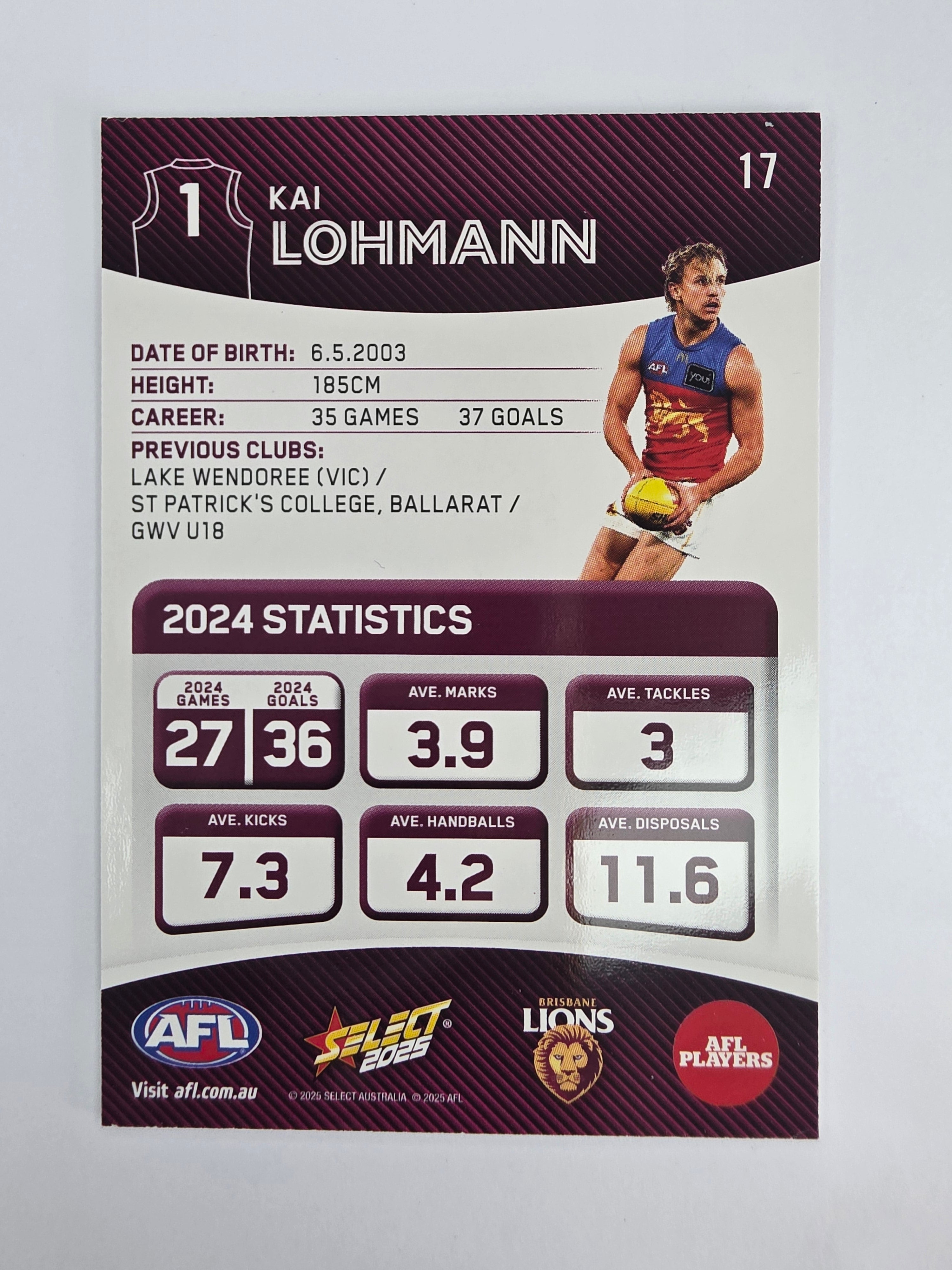 AFL 2025 Footy Stars Base Card #017 Kai Lohmann Brisbane Lions