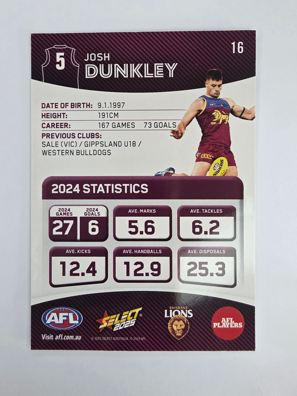 AFL 2025 Footy Stars Base Card #016 Josh Dunkley Brisbane Lions
