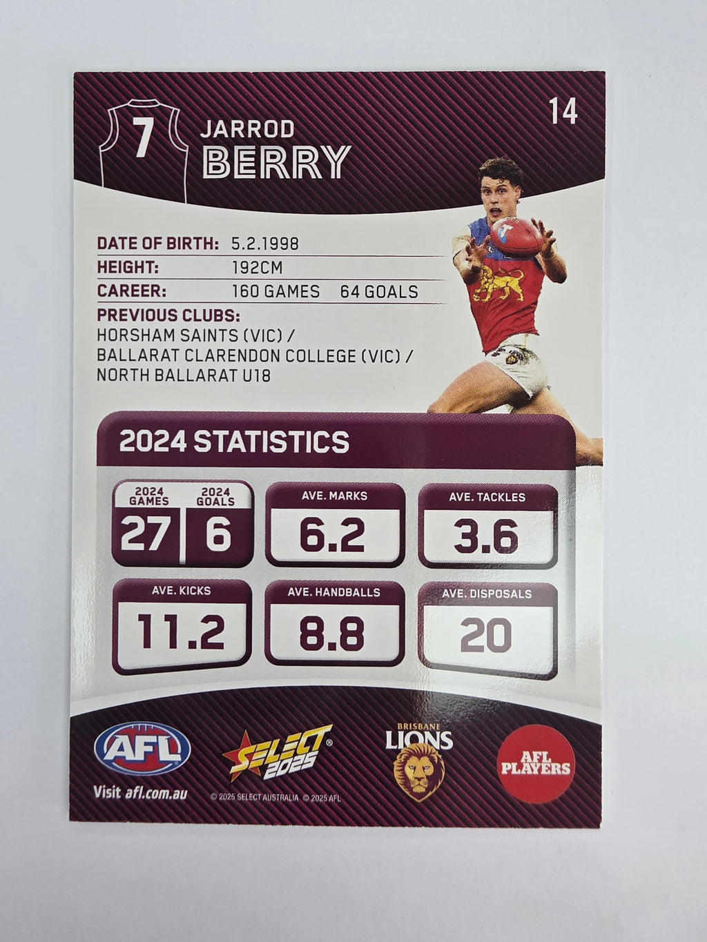 AFL 2025 Footy Stars Base Card #014 Jarrod Berry Brisbane Lions