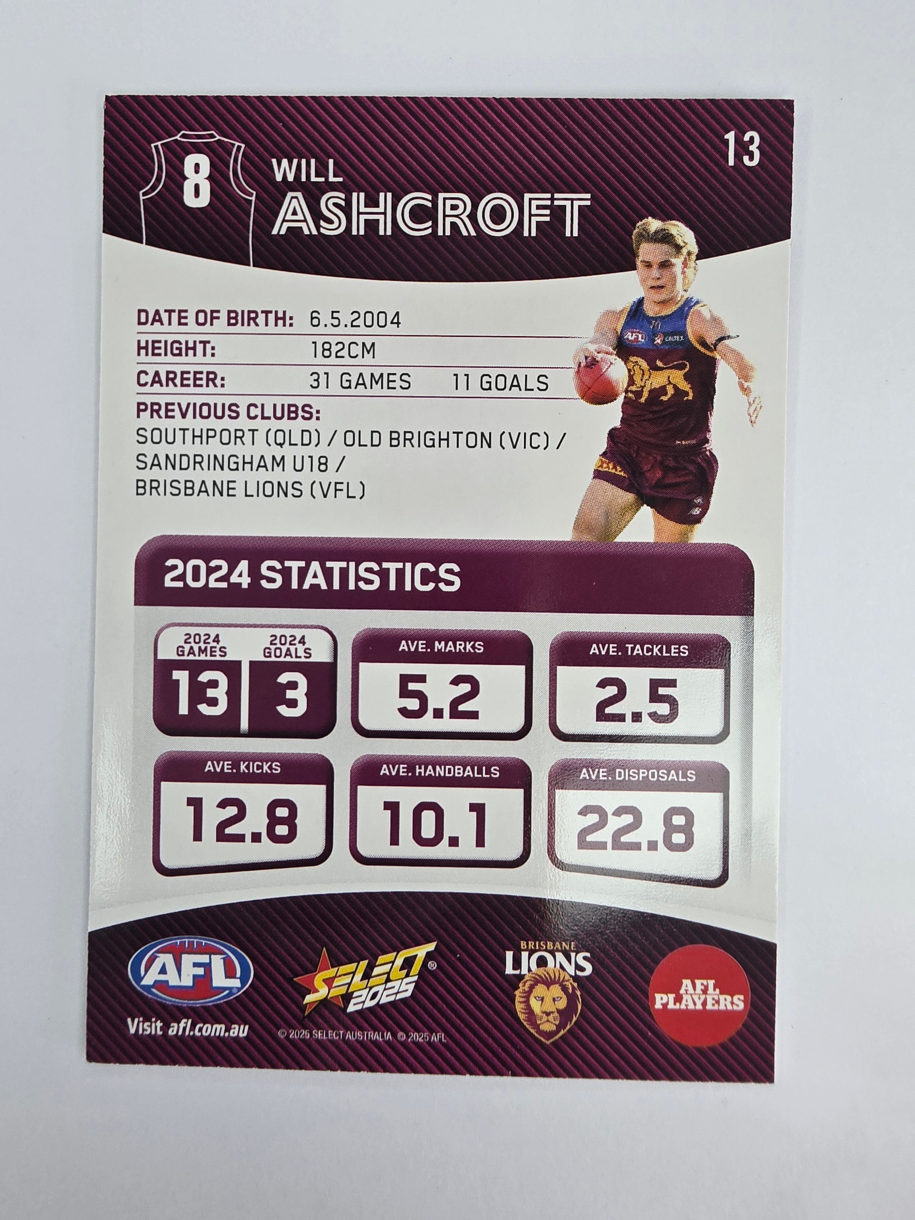 AFL 2025 Footy Stars Base Card #013 Will Ashcroft Brisbane Lions