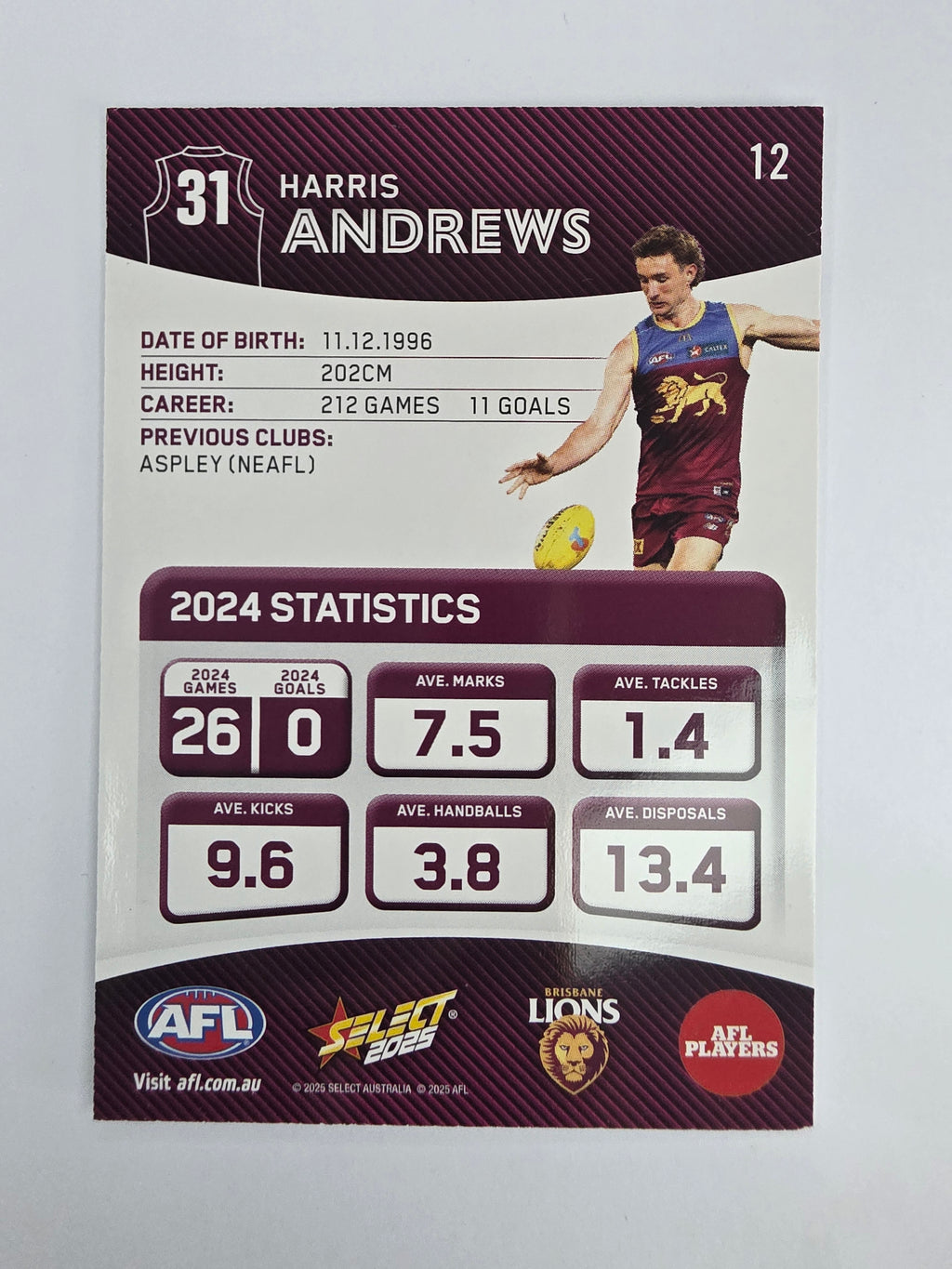 AFL 2025 Footy Stars Base Card #012 Harris Andrews Brisbane Lions