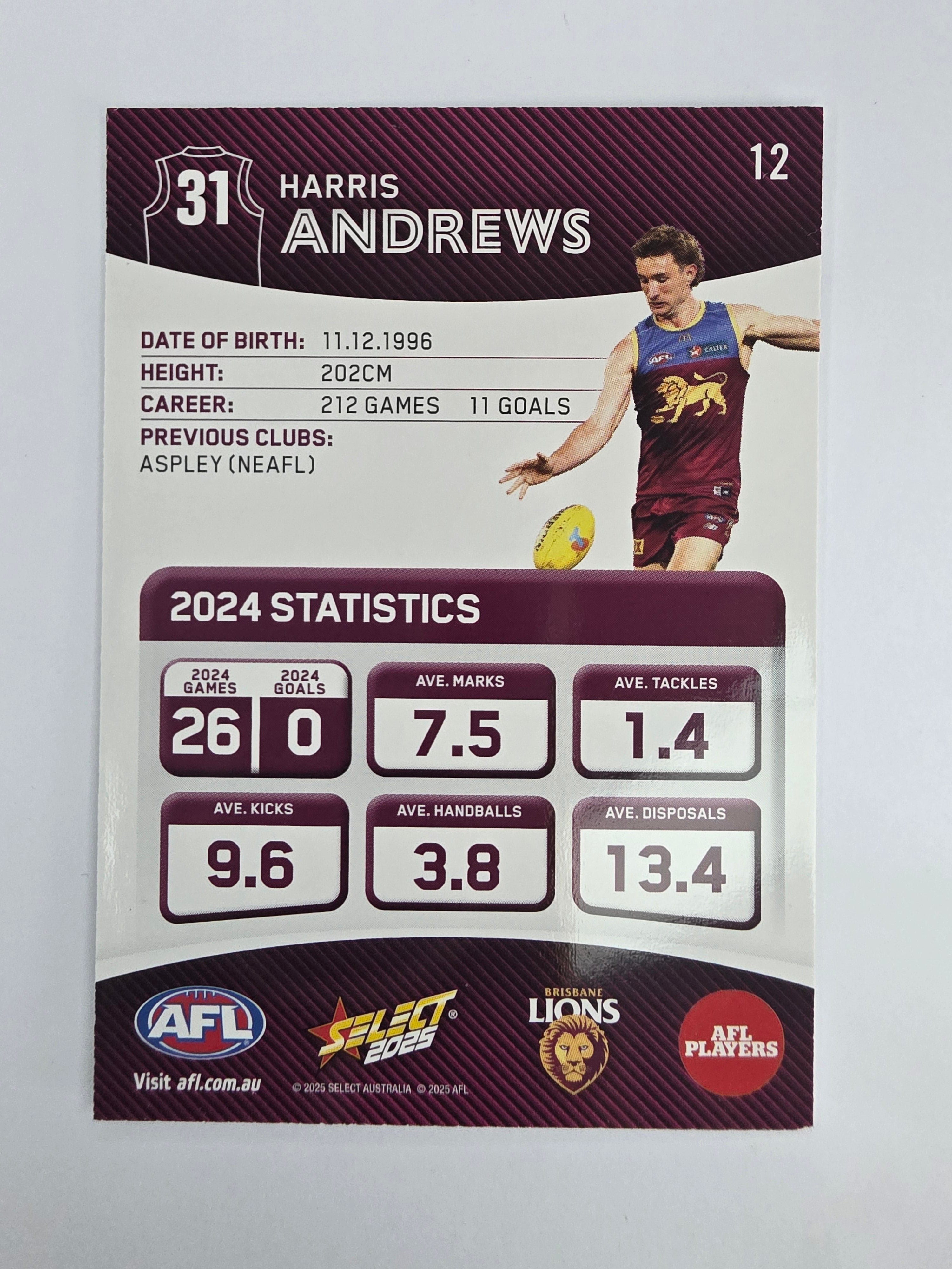 AFL 2025 Footy Stars Base Card #012 Harris Andrews Brisbane Lions