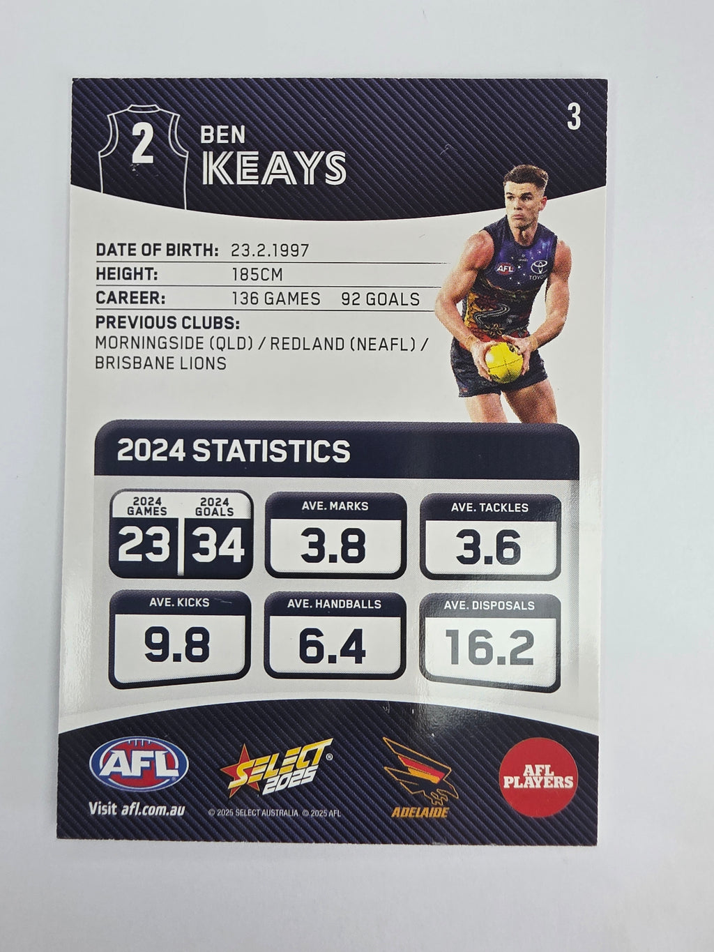 AFL 2025 Footy Stars Base Card #003 Ben Keays Adelaide Crows