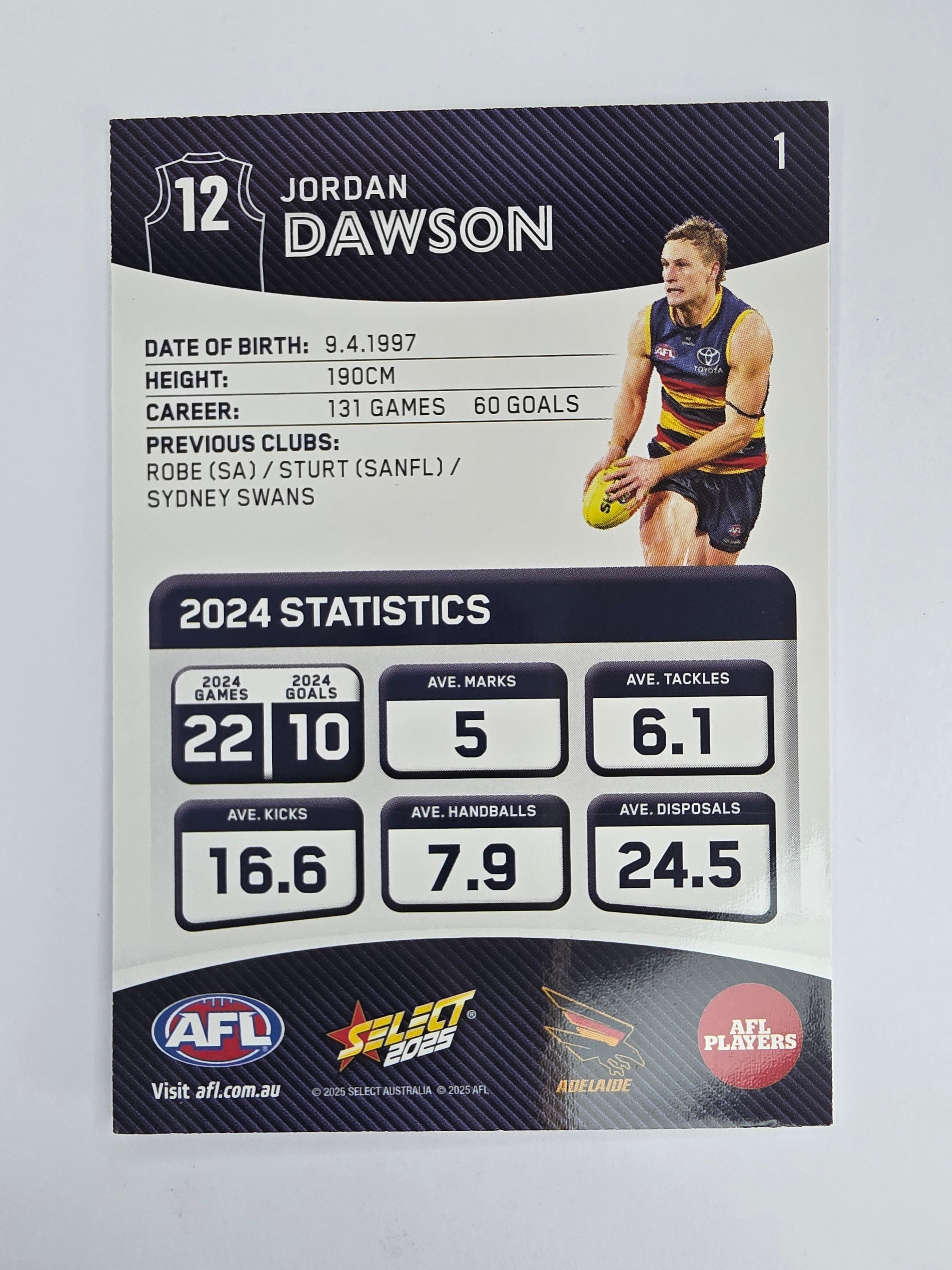 AFL 2025 Footy Stars Base Card #001 Jordan Dawson Adelaide Crows