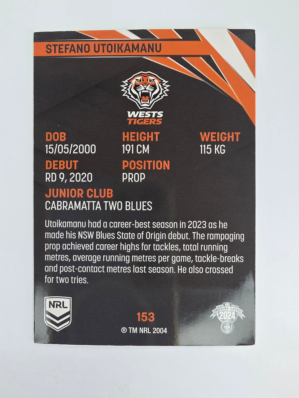 NRL 2024 Traders Base Card #153 Stefano Utoikamanu Wests Tigers