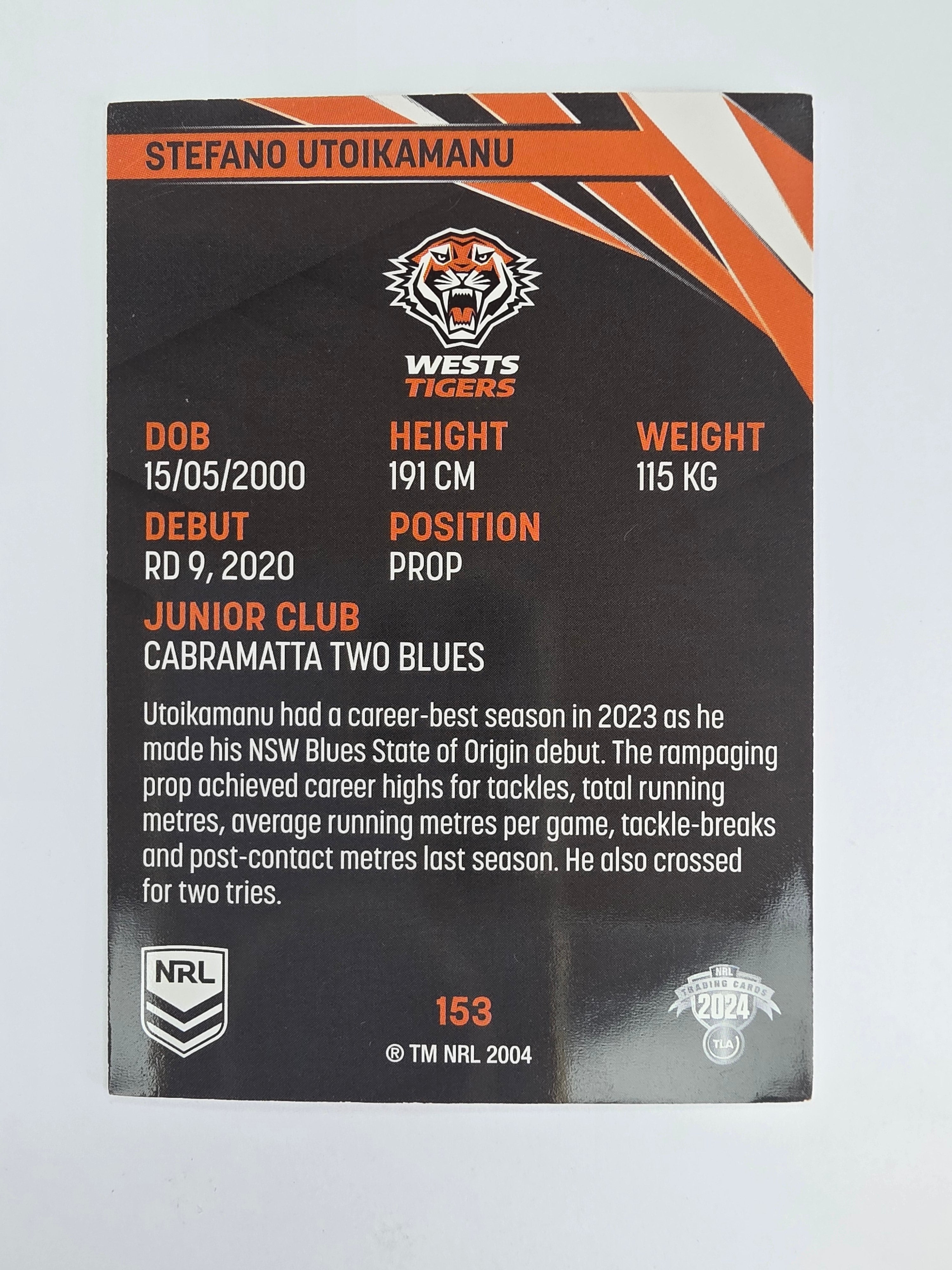 NRL 2024 Traders Base Card #153 Stefano Utoikamanu Wests Tigers