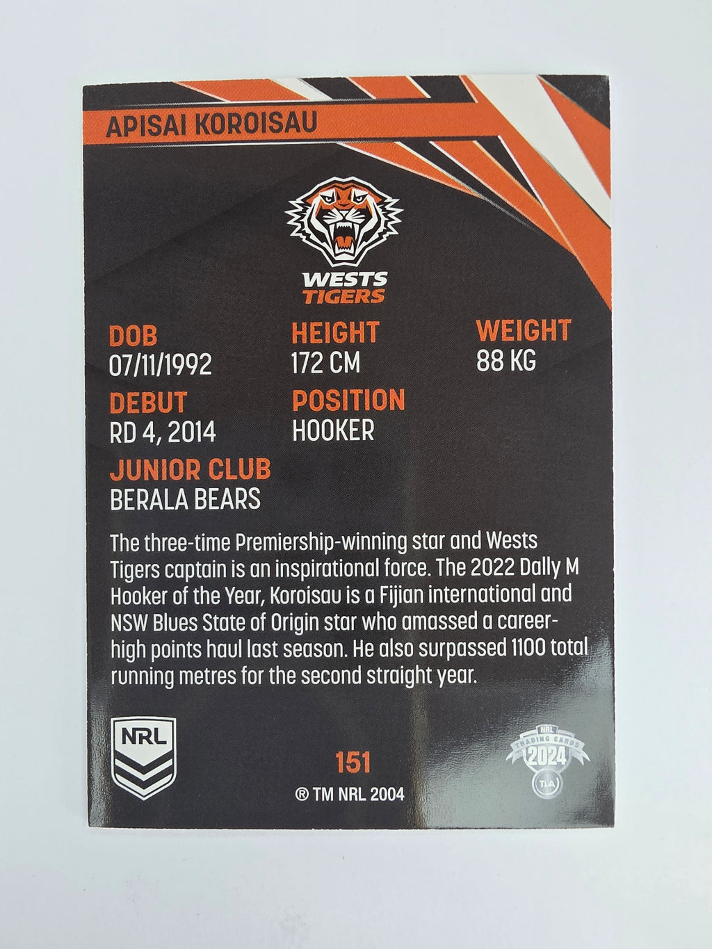 NRL 2024 Traders Base Card #151 Apisai Koroisau Wests Tigers