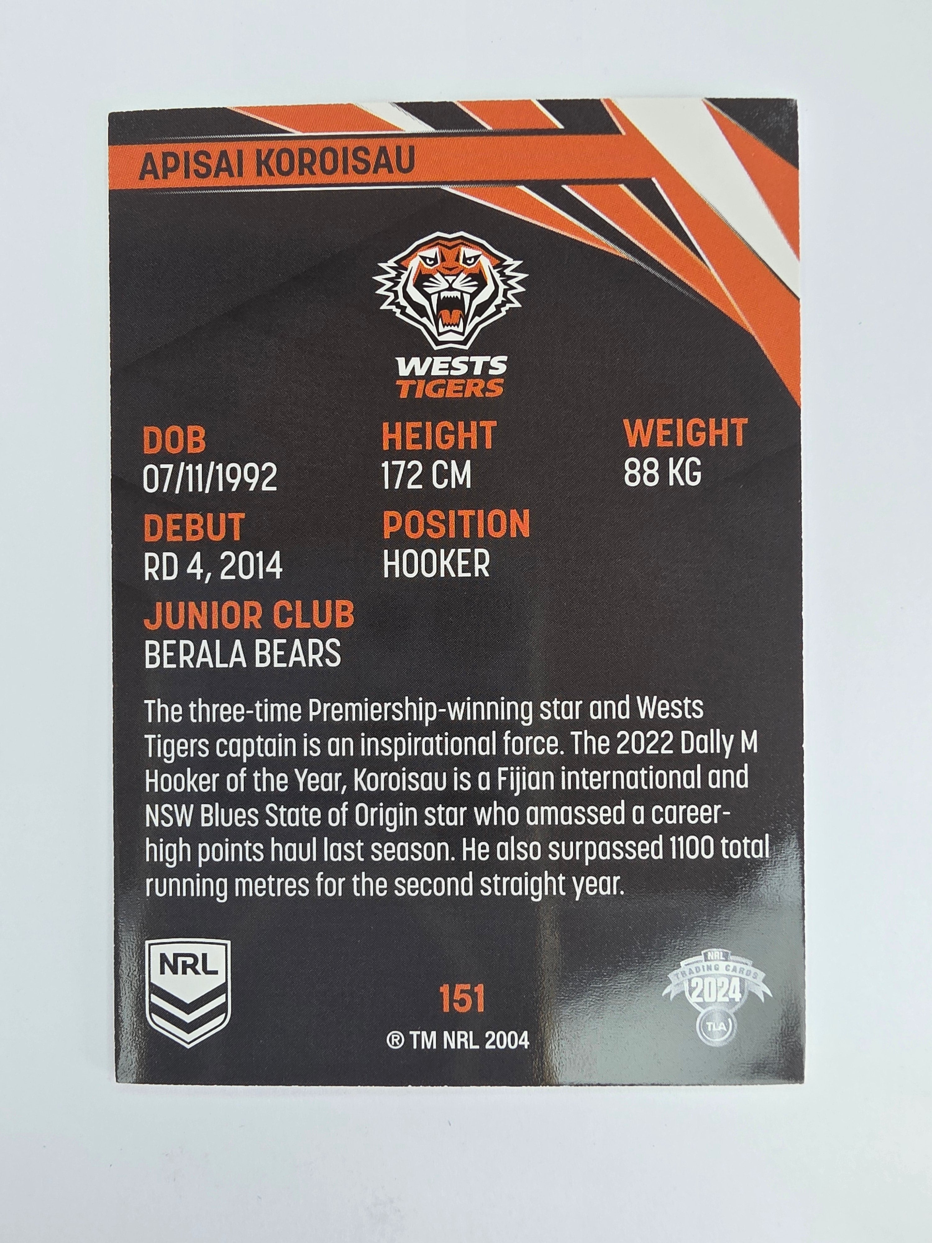 NRL 2024 Traders Base Card #151 Apisai Koroisau Wests Tigers