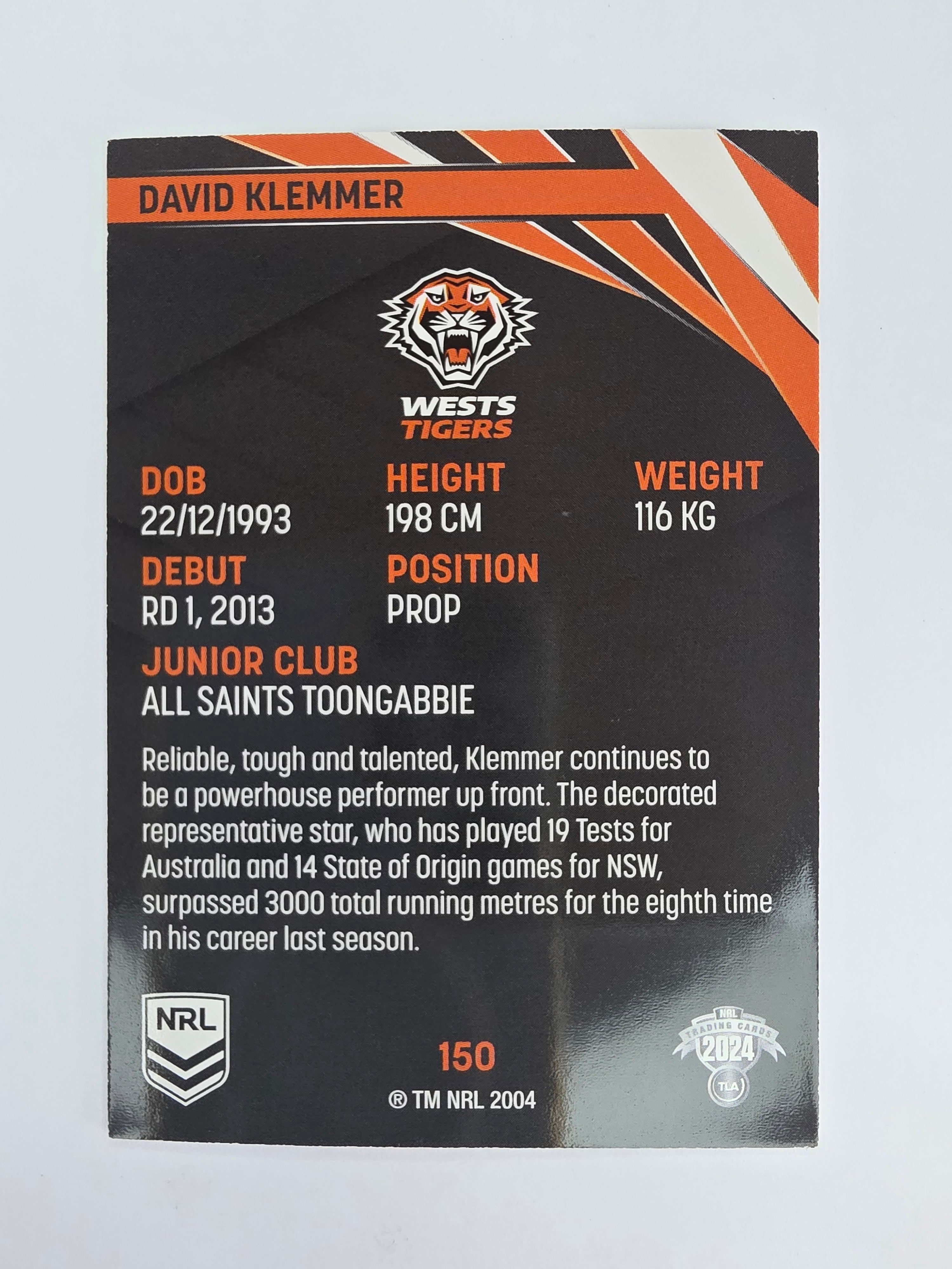 NRL 2024 Traders Base Card #150 David Klemmer Wests Tigers