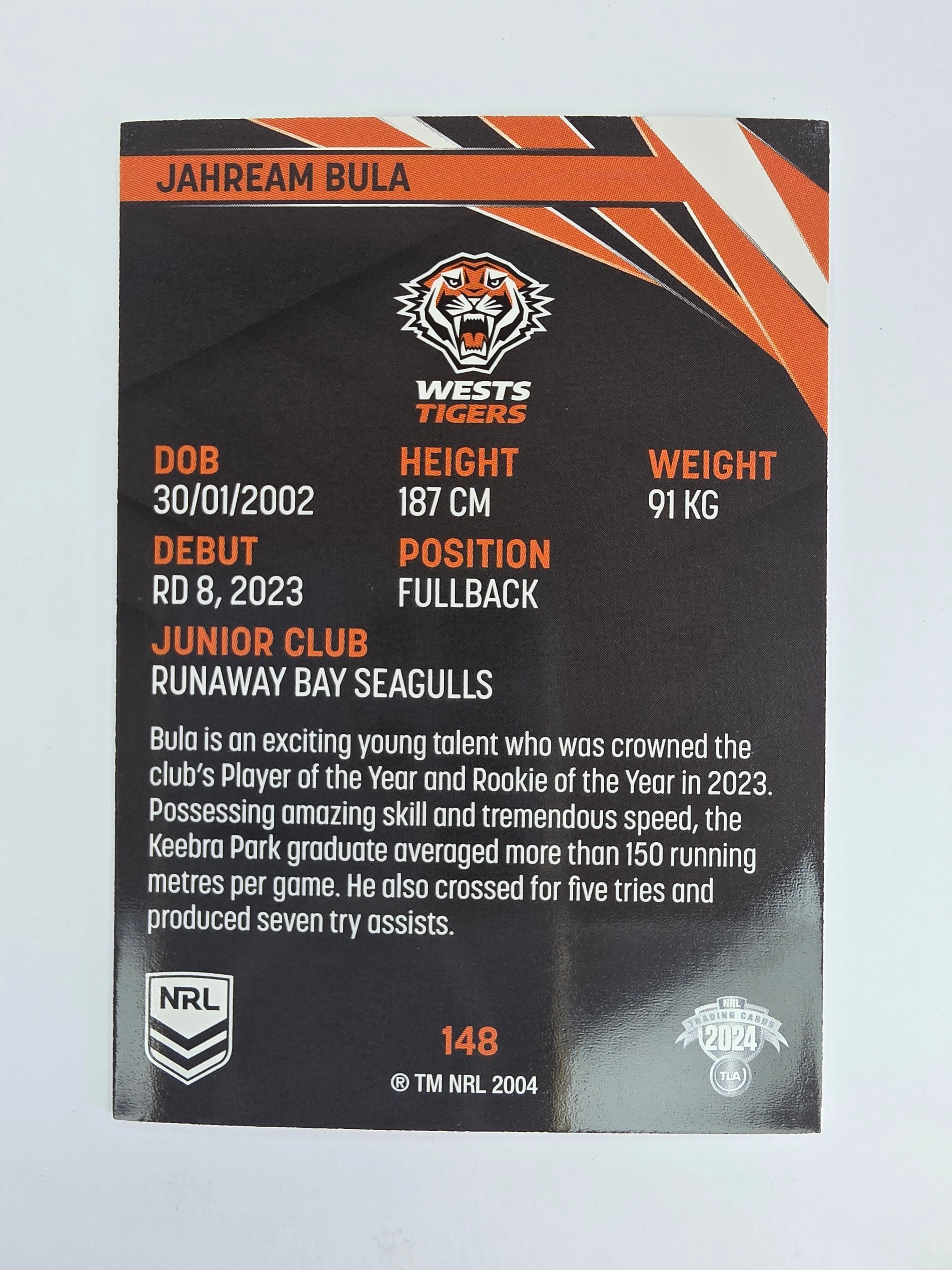 NRL 2024 Traders Base Card #148 Jahream Bula Wests Tigers