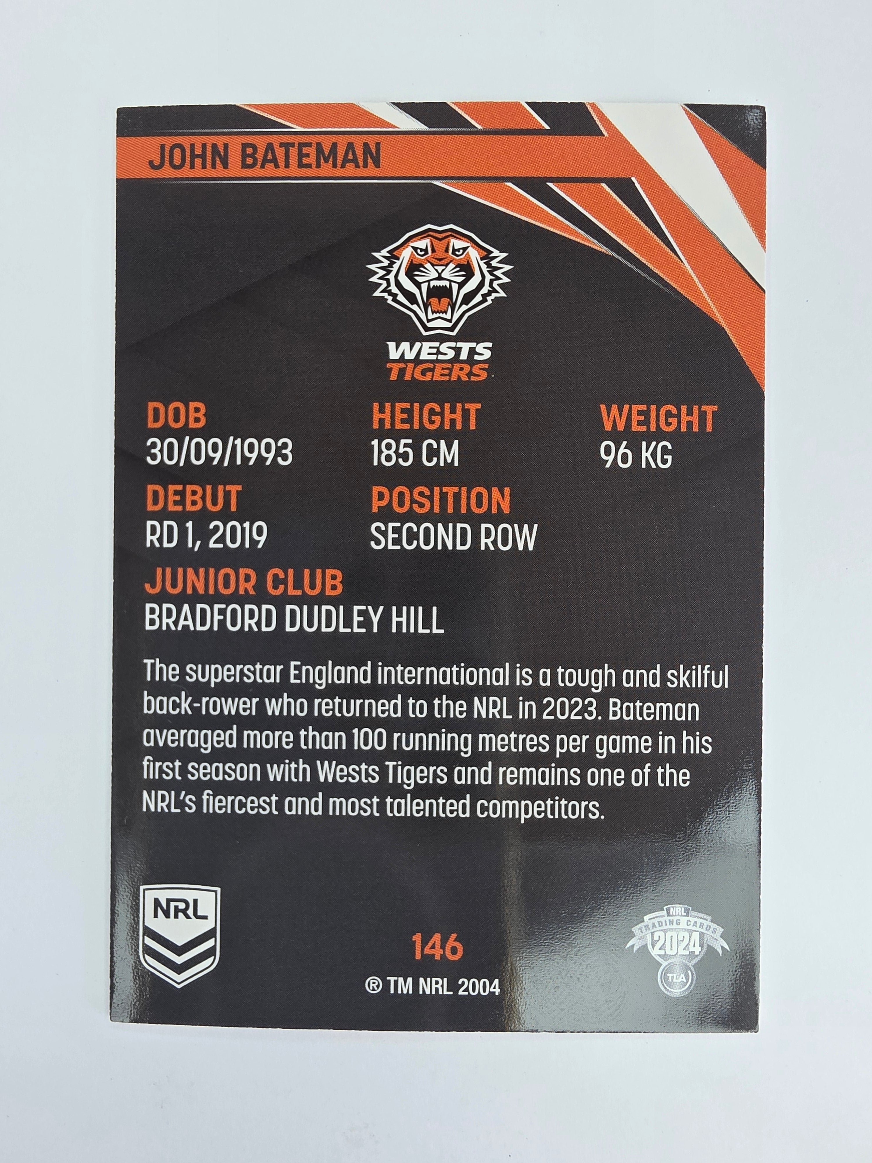 NRL 2024 Traders Base Card #146 John Bateman Wests Tigers