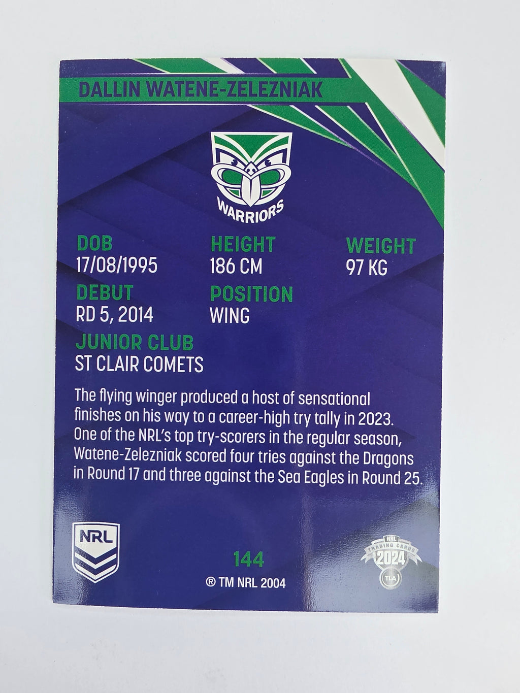 NRL 2024 Traders Base Card #144 Dallin Watene-Zelezniak New Zealand Warriors