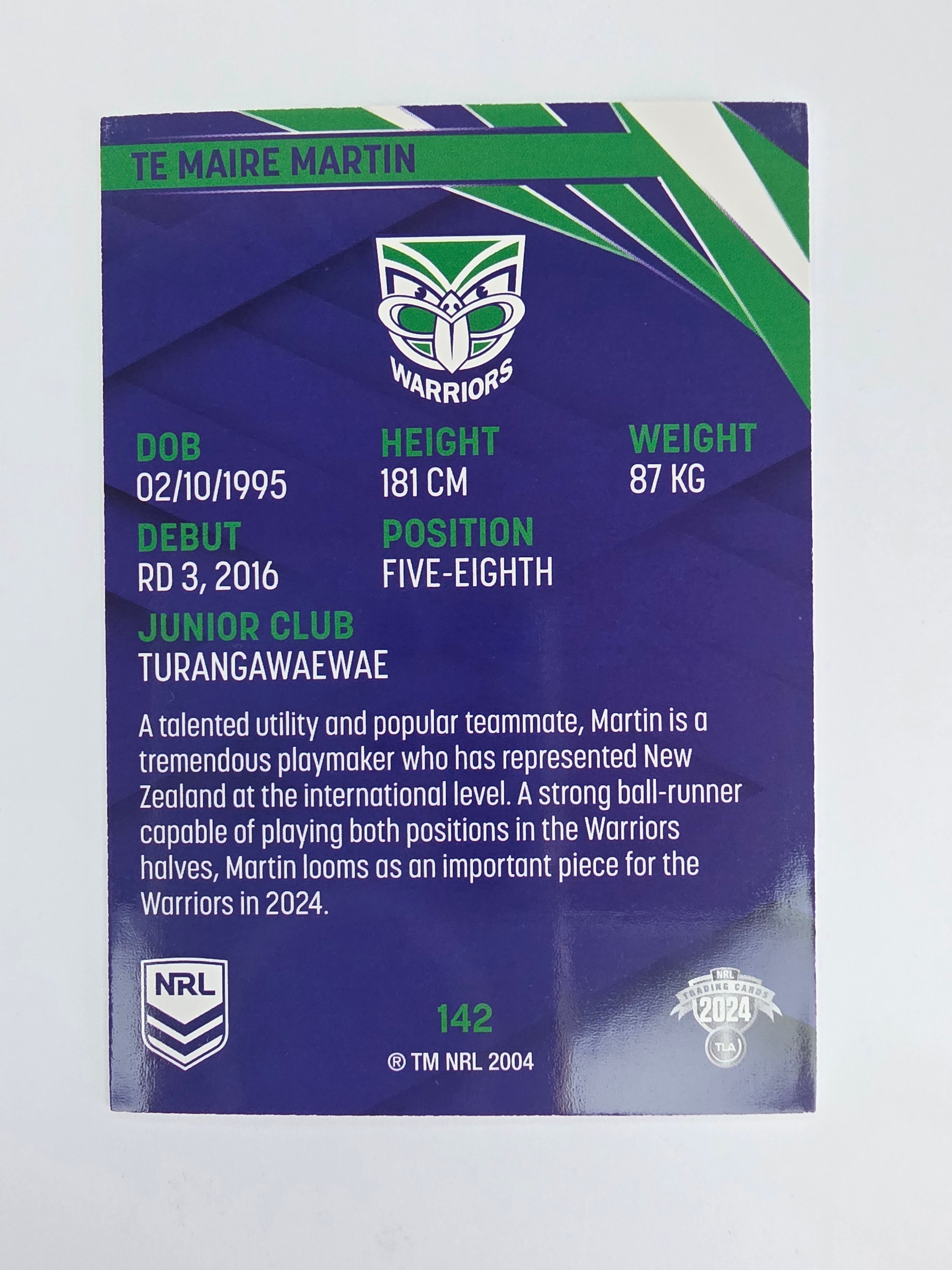 NRL 2024 Traders Base Card #142 Te Maire Martin New Zealand Warriors