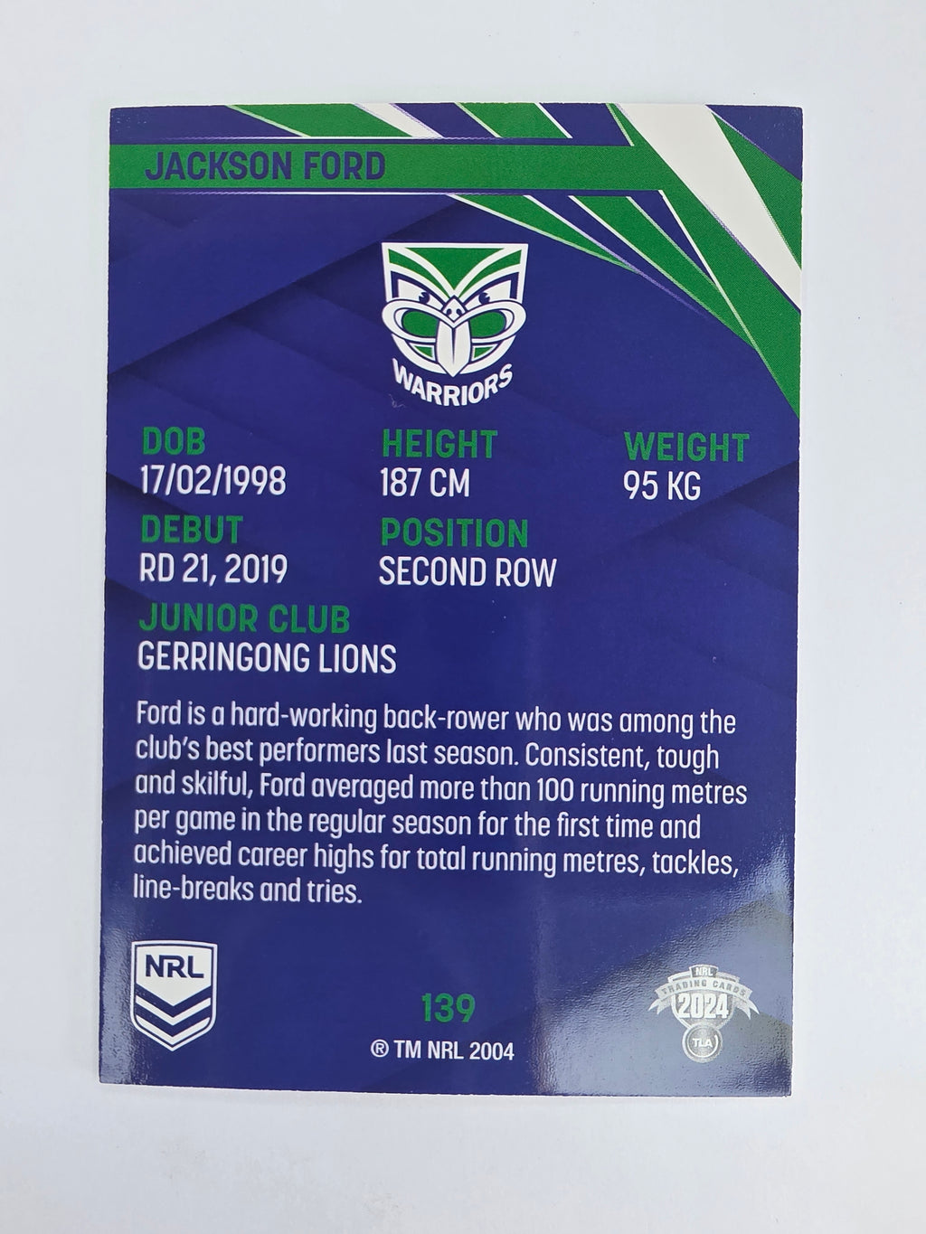 NRL 2024 Traders Base Card #139 Jackson Ford New Zealand Warriors