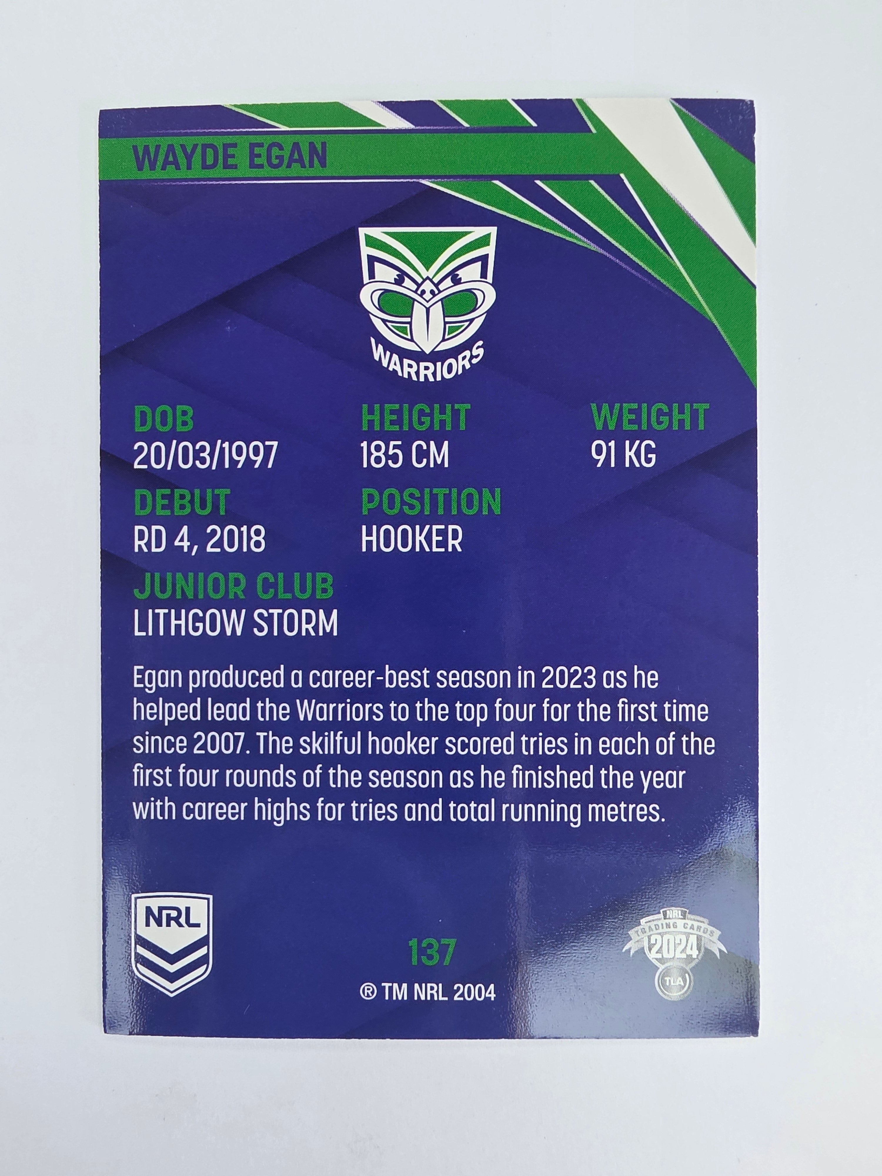 NRL 2024 Traders Base Card #137 Wayde Egan New Zealand Warriors