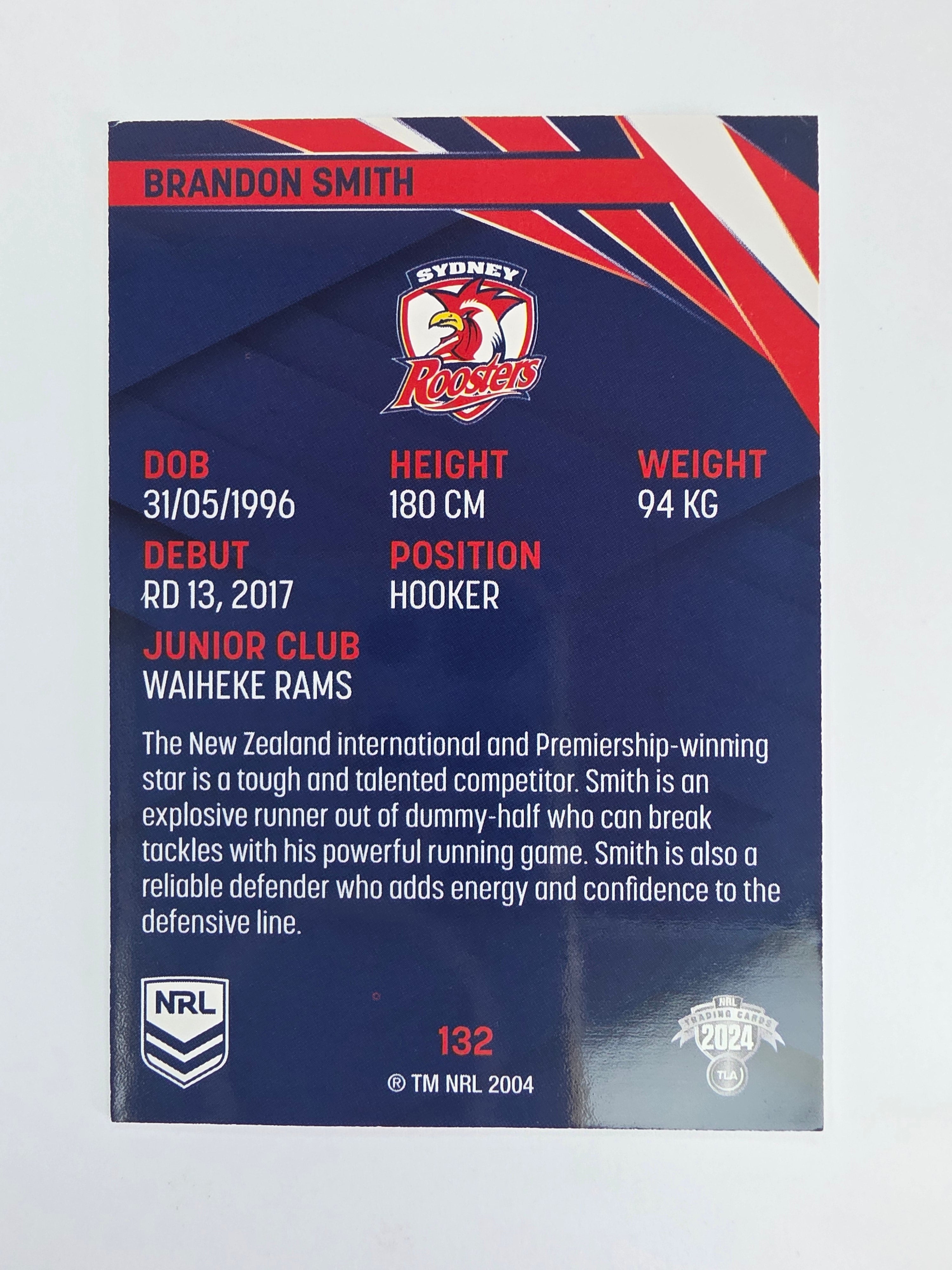 NRL 2024 Traders Base Card #132 Brandon Smith Sydney Roosters