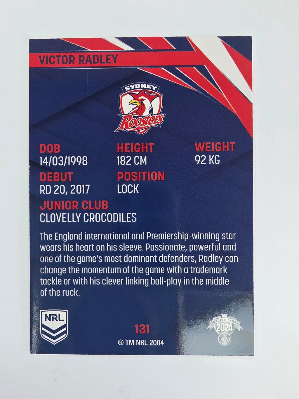 NRL 2024 Traders Base Card #131 Victor Radley Sydney Roosters