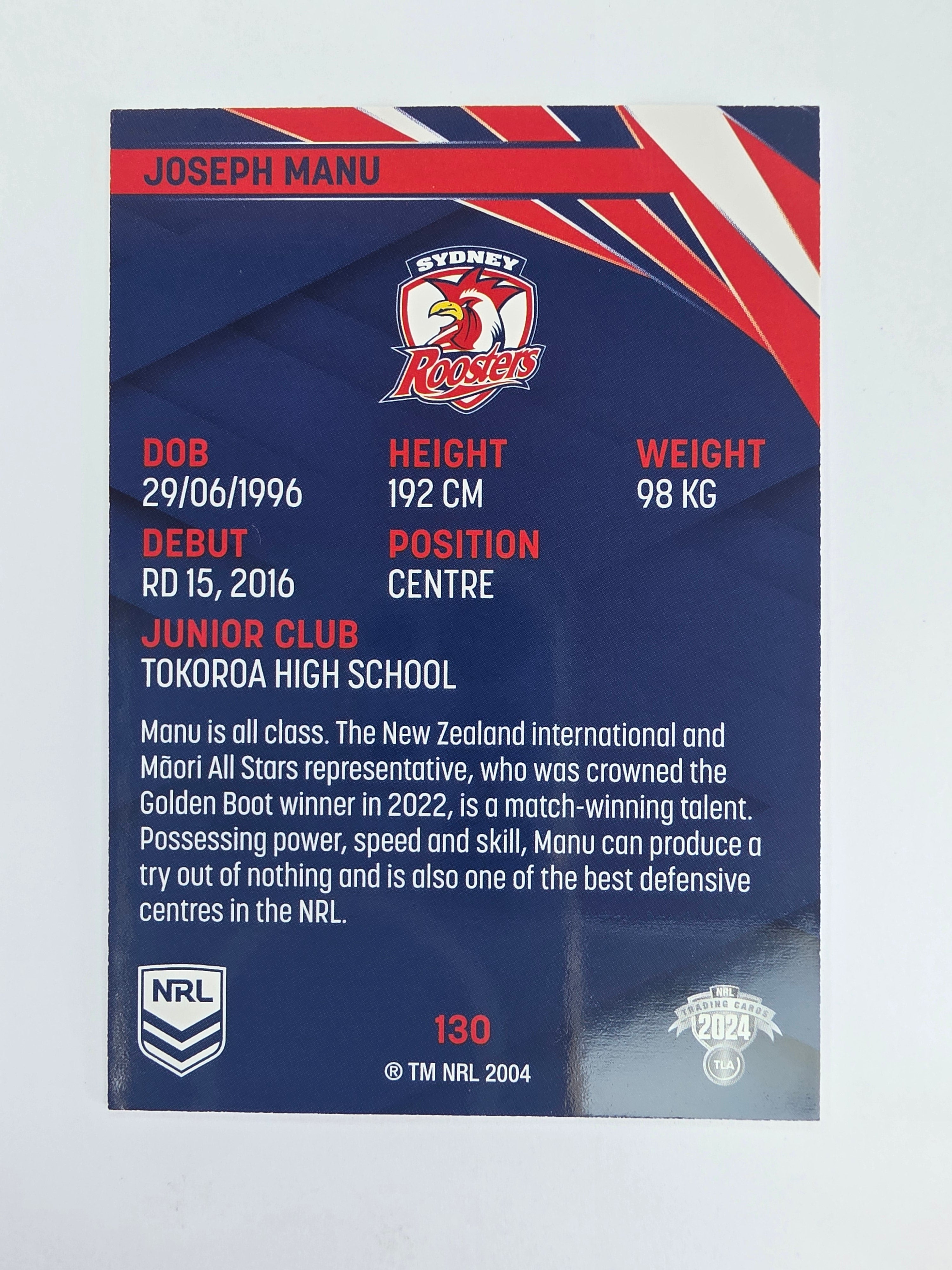 NRL 2024 Traders Base Card #130 Joseph Manu Sydney Roosters
