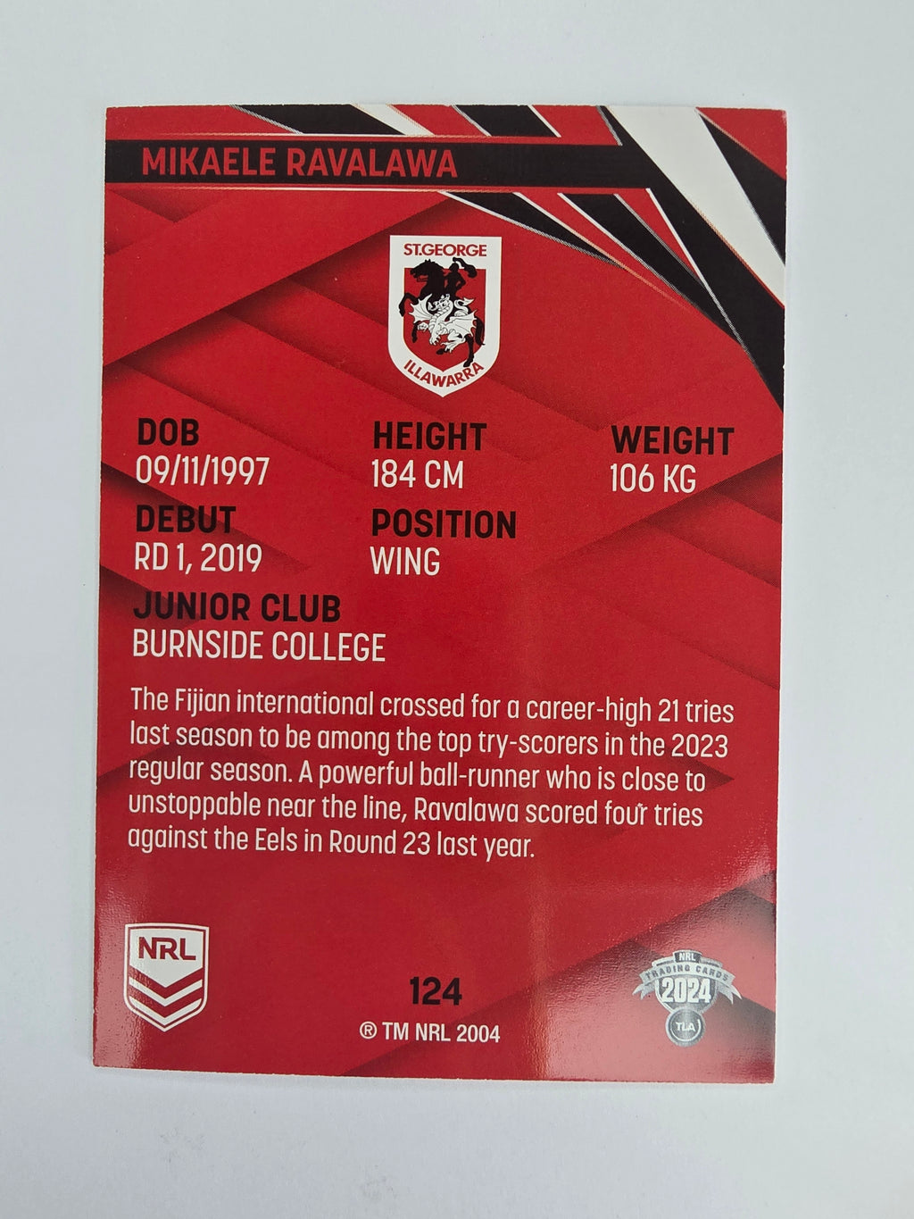 NRL 2024 Traders Base Card #124 Mikaele Ravalawa St George Illawarra Dragons